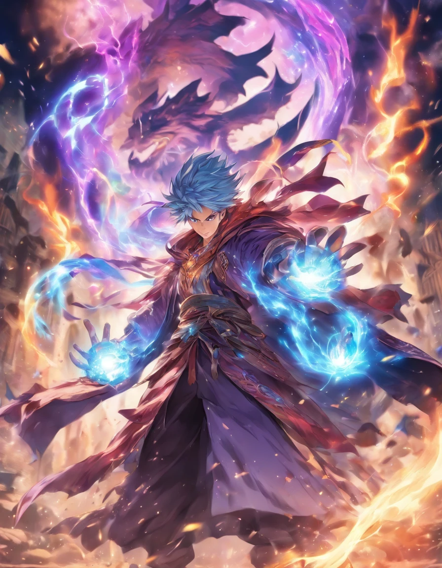 Male mage casting multi colored spells, fighting monsters and weilding a magical, powerful weapon