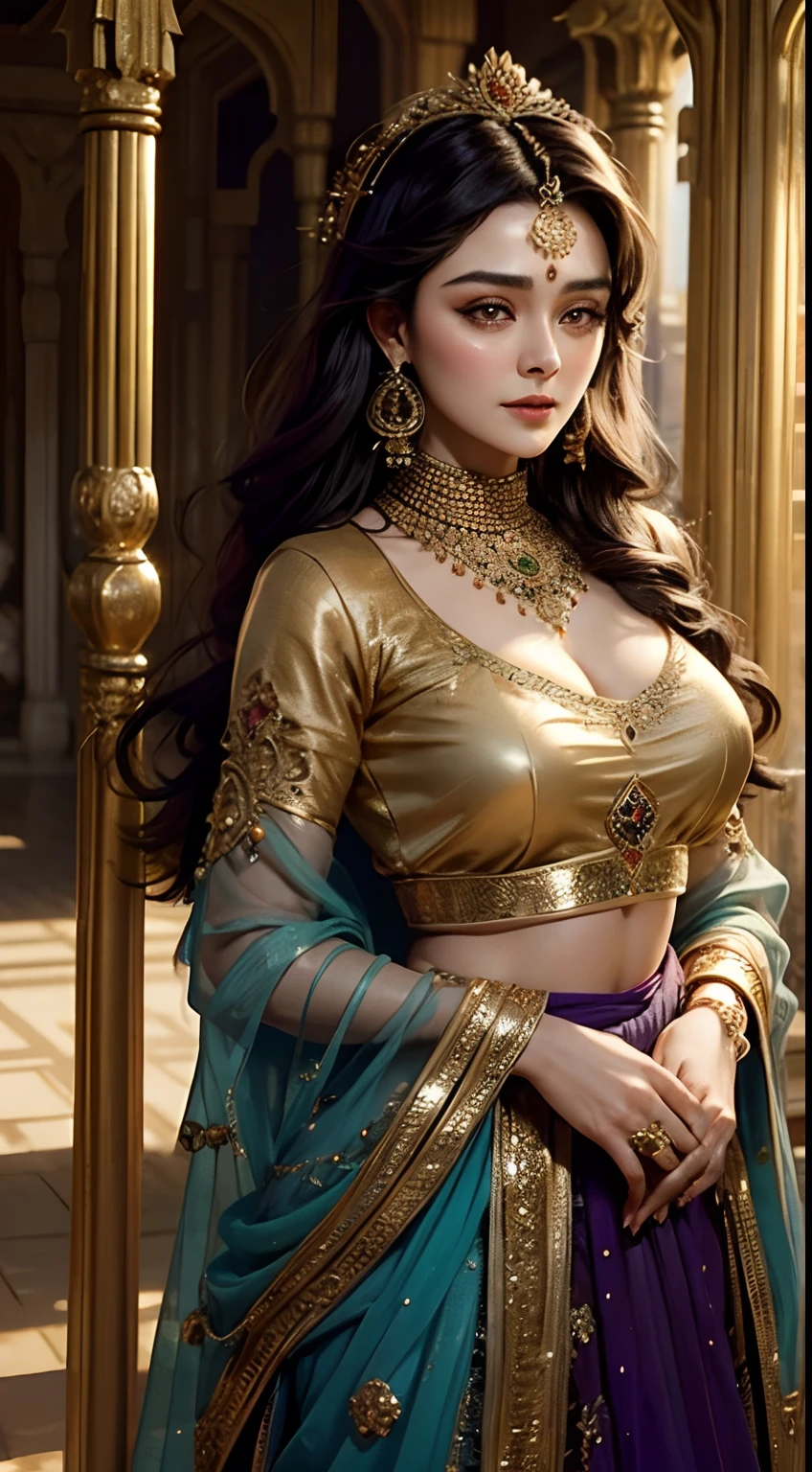 Maryam Nawaz Sharif, young, beautiful, large breasts, wearing an ornate ghagra choli, deep cleavage visible, golden ornaments, bindi, bangles, waist chain, black braided hair, upper body, rear view, butt cleavage visible, closeup, smiling, in a palace