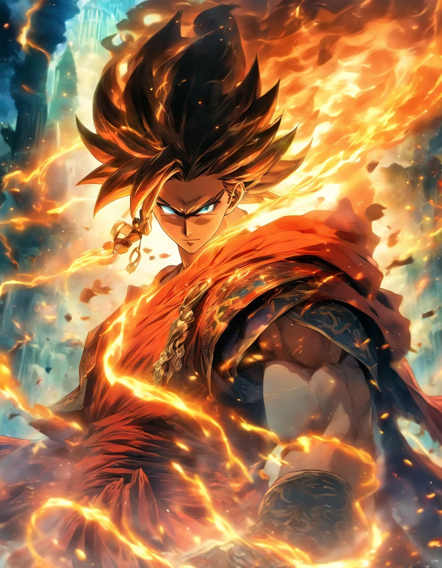 best quality,ultra-detailed,male mage casting multi colored spells,fighting monsters,weilding a magical powerful weapon,realistic lighting,sharp focus,vivid colors,mystical atmosphere,gritty fantasy style,fiery spells,ethereal glow,magical aura,detailed spell effects,majestic backdrop,haunting shadows,dynamic composition,highly detailed monsters,spellbinding action,heroic stance,ancient ruins,mystic symbols,foreboding clouds,dramatic lighting,epic battle scene,crackling energy,exquisite detailing,magical artifacts,dangerous creatures,enchanted forest,ethereal mist,masterpiece:1.2