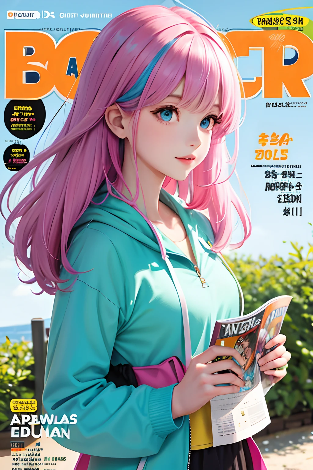 "Woman with perfect body, top quality, astronaut idol in colorful spacesuit, pink long hair, pretty face, long eyelashes, happy expression, posing her upper body worthy of a magazine cover against the background of the city of Tokyo."
