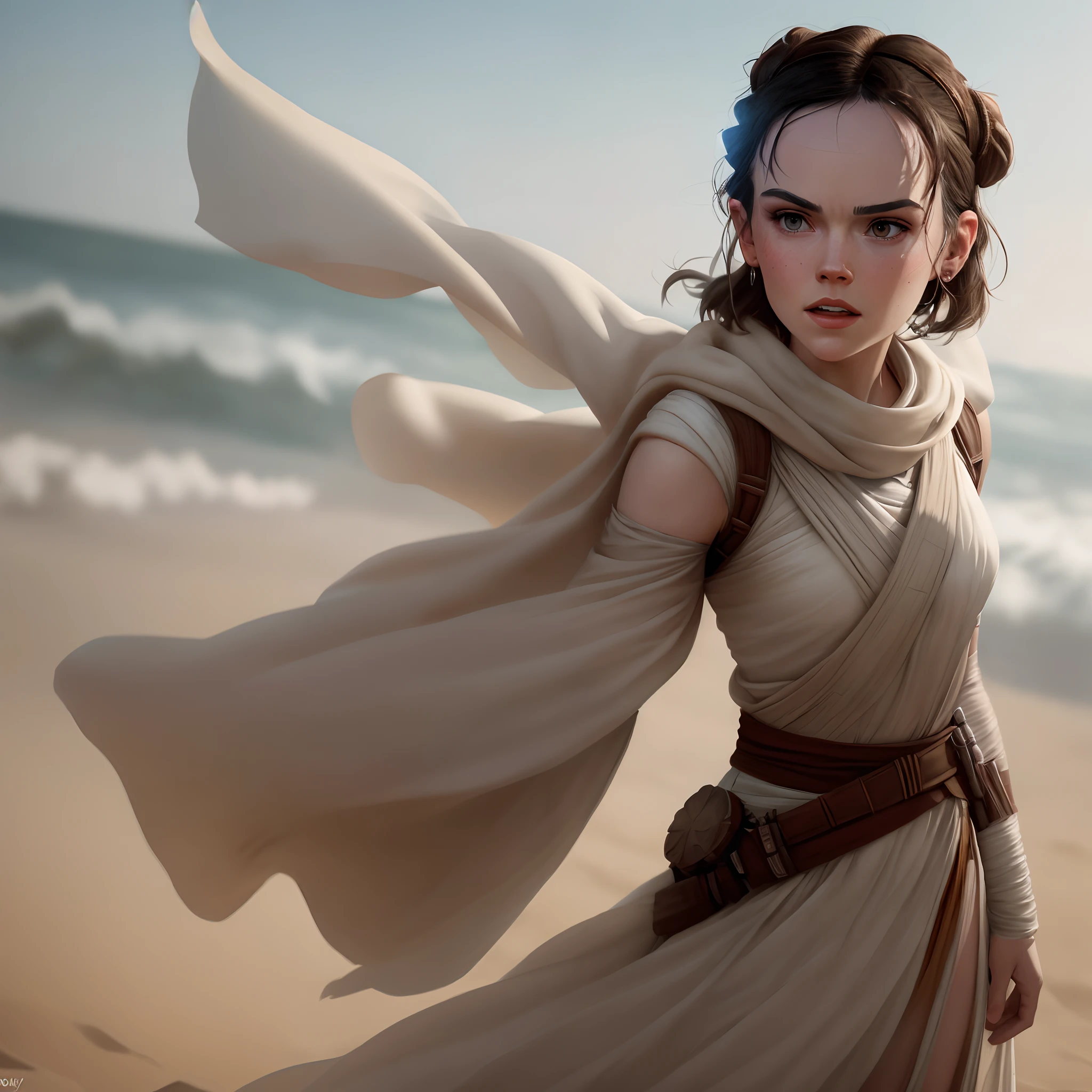 Daisy Ridley as Rey wearing only a loincloth, comic style.