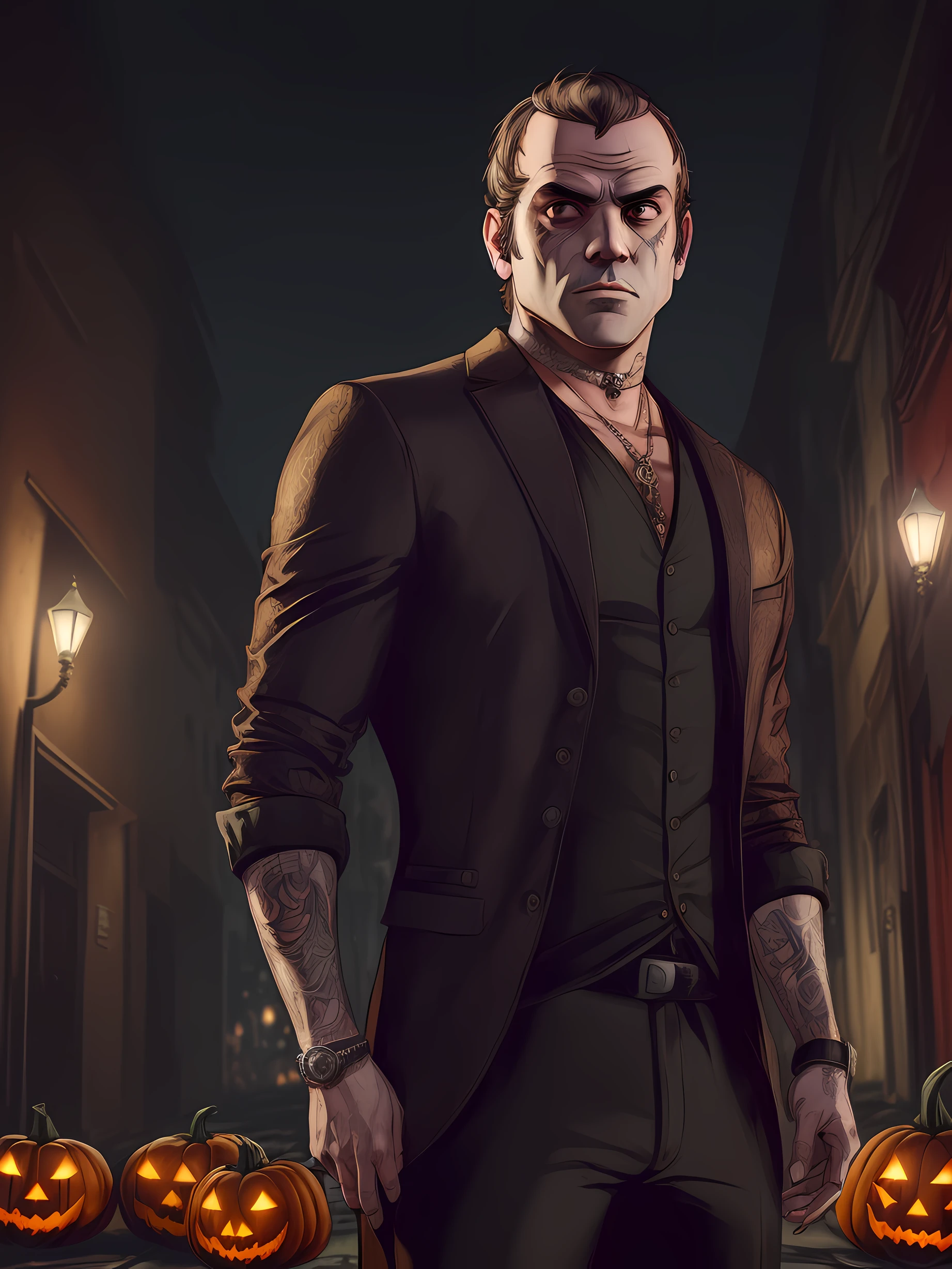 (((Michael De Santa (anteriormente Townley) is one of the three main characters in GTA V))) ((usando fantasia de halloween)), ambiente escuro sombrio de terror, ESTILO DE HALLOWEEN, Halloween themed background, Autoretrato do rosto, (fotorrealista:1.5), (Foto RAW, 8k UHD)