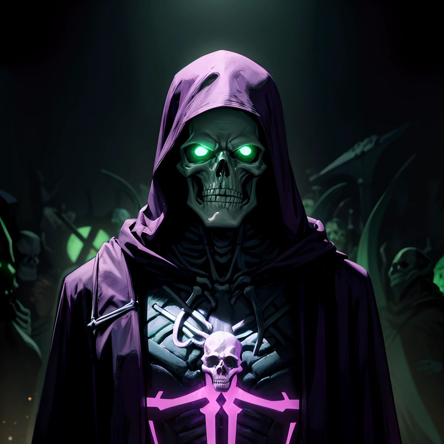 Necromancer that looks like doctor doom who's body is a skeleton, colors primarily purple with accents of neon green