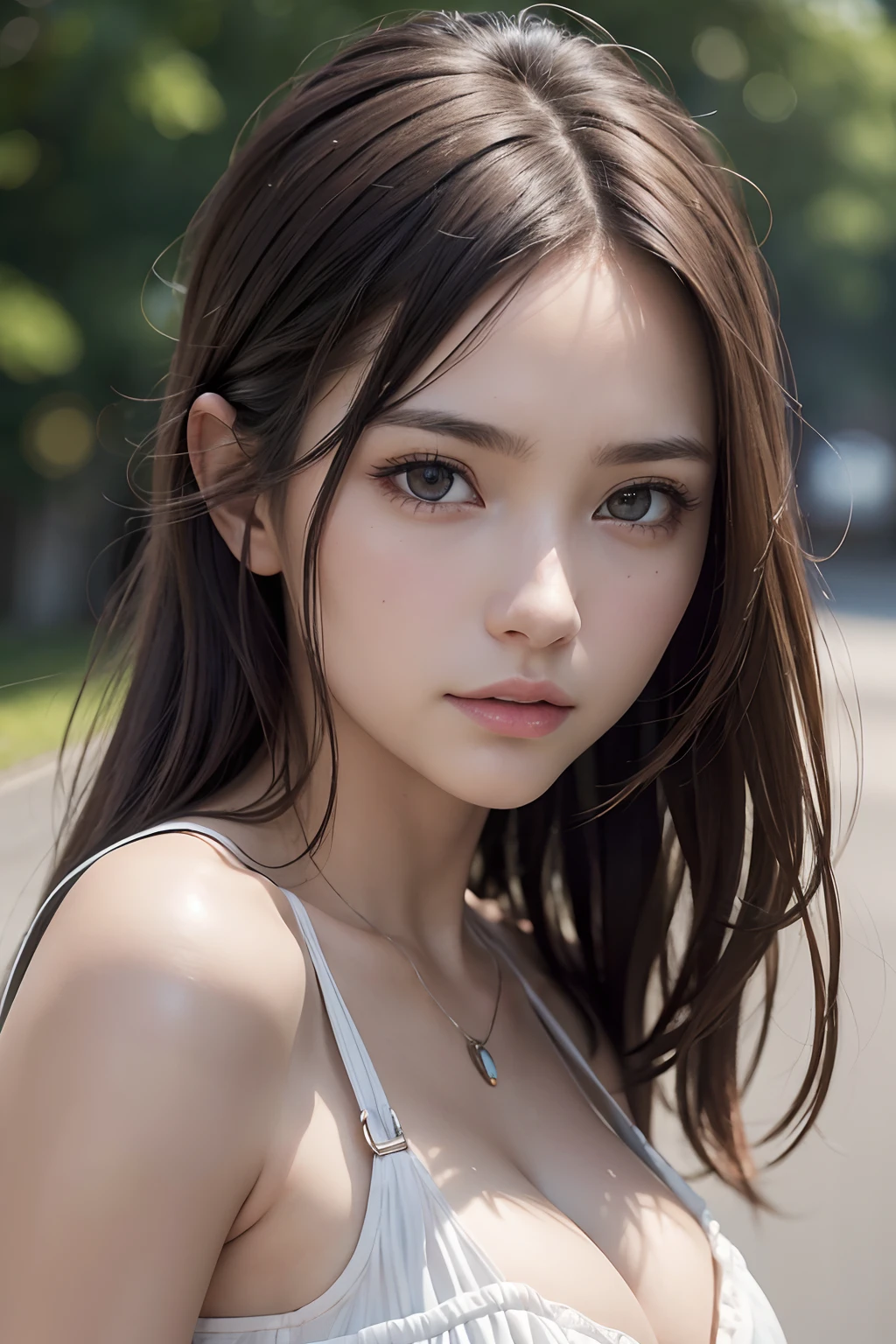 (masutepiece, Best Quality, Photorealistic, hight resolution, Photography, :1.3), Very close-up shot, Sharp Focus, 1 brunette girl, European Girl, hotmodel, Midriff, Highly detailed eyes and pupils, Realistic skin, Slim body shape, cleavage, very detail hair, Delicate sexy face, Organoleptic gas, shiny lips, ((Wearing a dress)), ,The background is a town, ((Realistic, Super realistic, Realism, realistic detail))