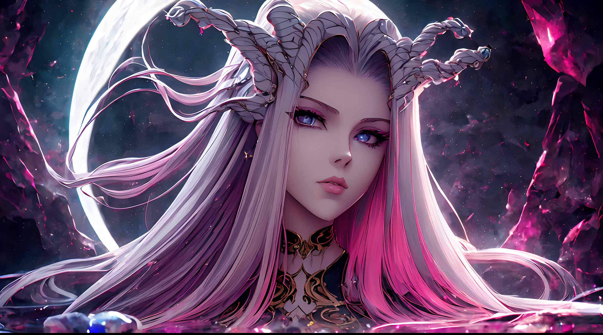 masterpiece, highest quality, (solo focus), (perfect face:1.2), (high detail:1.1),dramatic, (image size: 1024x580), Medusa, (pale skin), long white snake hair, white eyes, solo, moon, night, (medusa lying on a reflective ruby rock), pouty lips, , futuristic city, detailed background, anime,  cinematic lighting,