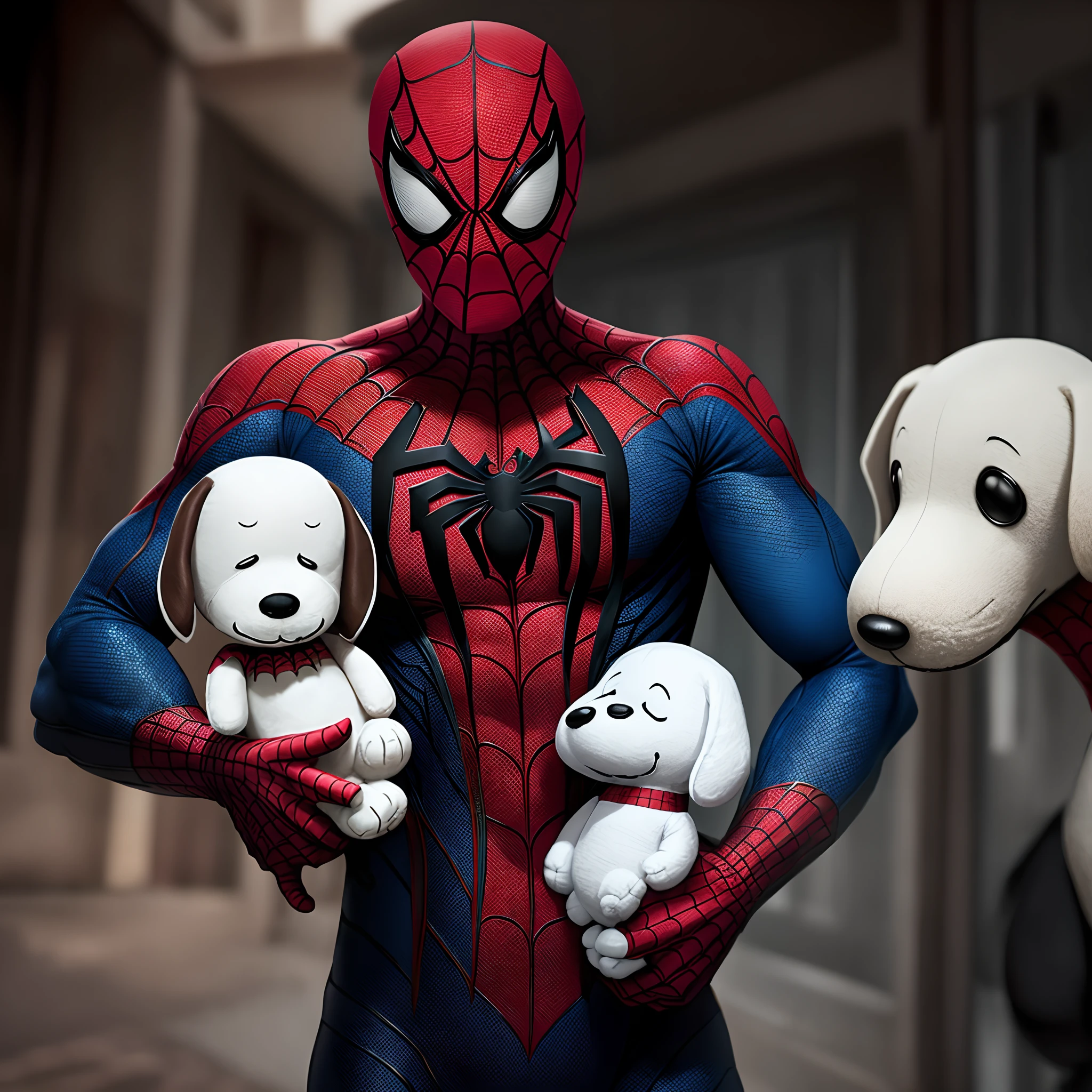 Spiderman holding a snoopy plushy