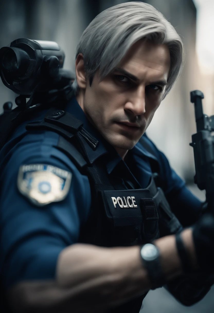 (sharp-jawline,male character,leon kennedy,resident evil,blue eyes,silver hair,police uniform,serious expression, looking away from camera,fisheye lense)