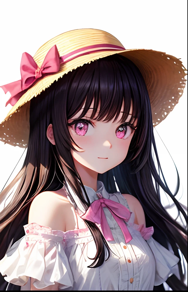 girl with、No background、without background、Background through、A dark-haired、The long-haired、Subject bangs、Pattsun bangs、Aligned bangs、Sareme、Sauce order、Pink eyes、Pink eyes、White Dress、Shoulder out、a straw fedora hat、bow ribbon、kawaii、No background