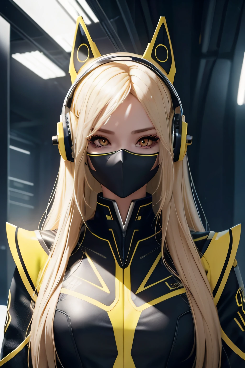 girl with long yellow hair, yellow eyes, futuristic vibes, mask on mouth, headphones, 8k, high quality, simple background, glowing eyes, nice pose