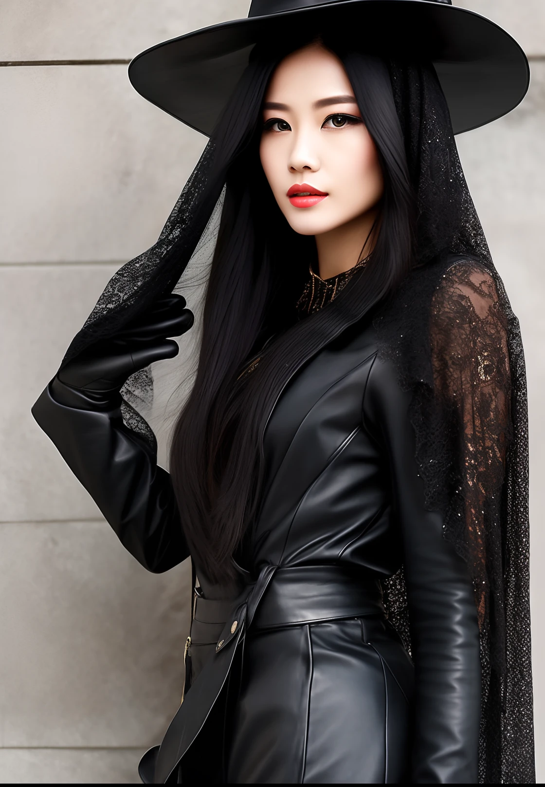 A woman with long black hair, covered with a thick black veil with her face hanging from a black hat, almost invisible, black suit, black leather gloves and black leather long boots