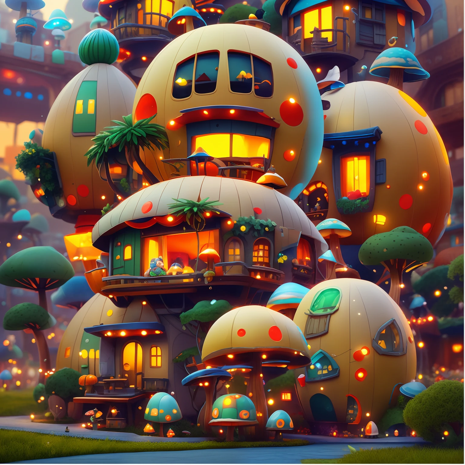 cartoonish houses with lights and decorations in a fantasy setting, fantasy matte painting，cute, rolands zilvinskis 3d render art, houses in the shape of mushrooms, 3 d render beeple, cyber mushroom city, digital art render, stylized 3d render, mushroom city, cute detailed digital art, 3 d render stylized