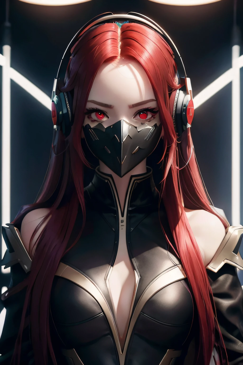 girl with long red hair, red eyes, futuristic vibes, mask on mouth, headphones, 8k, high quality, simple background, glowing eyes, nice pose