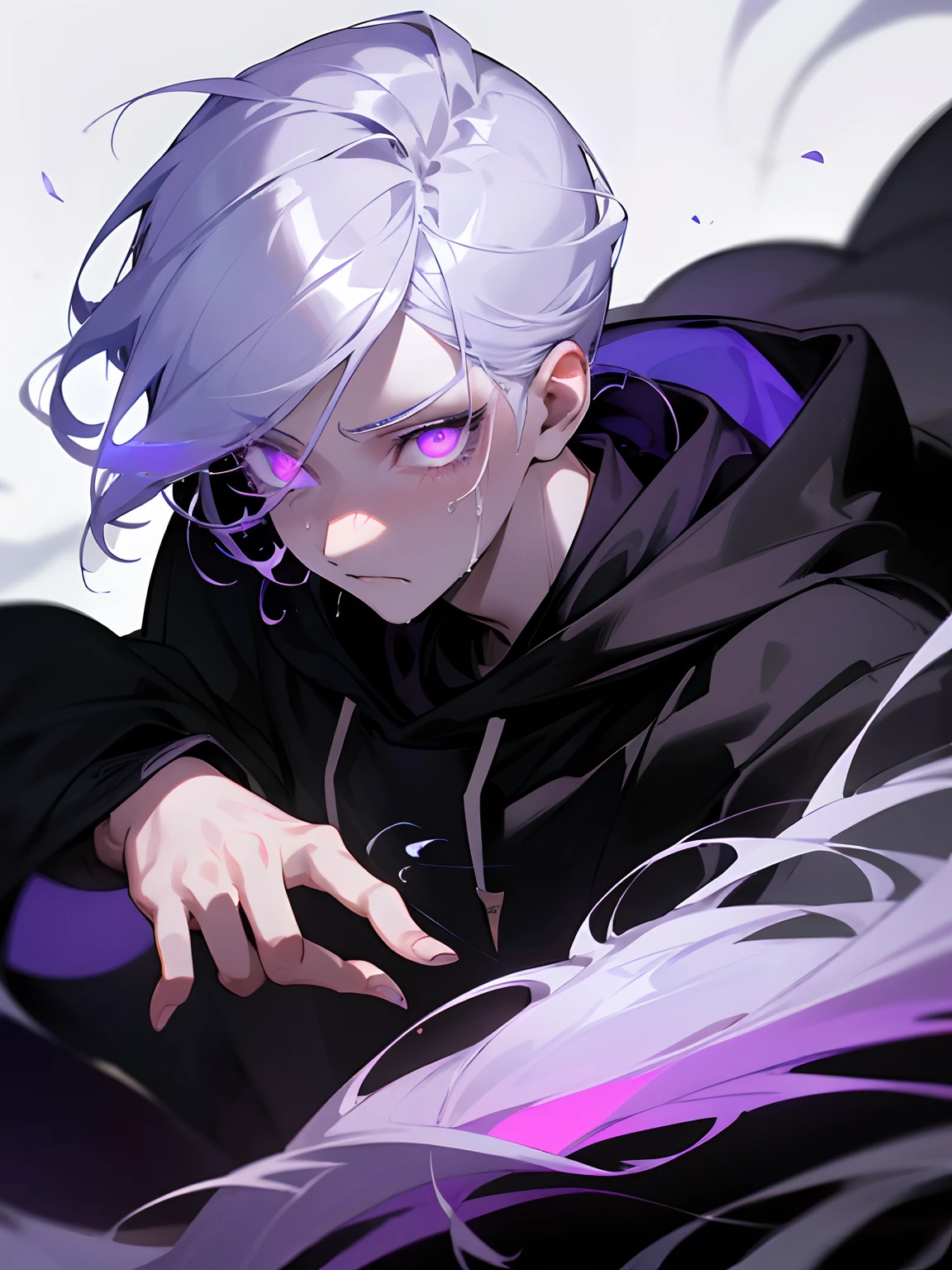 Boy with an emotionless face tears streaming down his left eye, his glowing like an ethereal spectacle,  wearing a stylish fashion black hoodie his hair and eyelashes are white his eyelashes are long and beautiful, purple glowing eyes