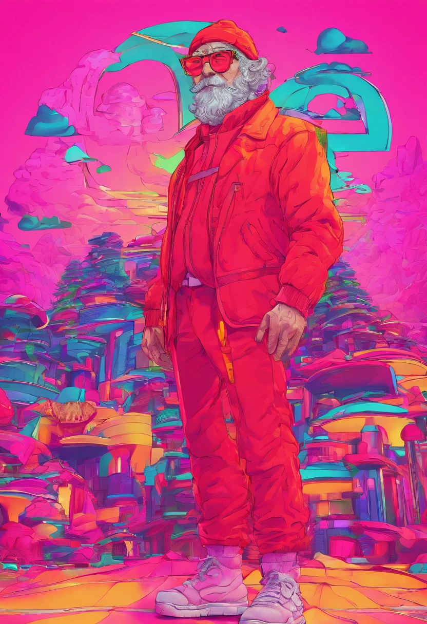 oldman, . .. .3D, 8K, artwork, high quality, wearing a red hat and cool glasses,shot of a cuddly elf posing half-length, fantastic house environment