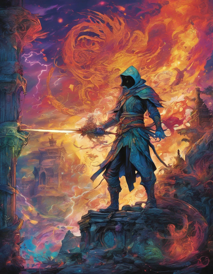 best quality,ultra-detailed,male mage casting multi colored spells,fighting monsters,weilding a magical powerful weapon,realistic lighting,sharp focus,vivid colors,mystical atmosphere,gritty fantasy style,fiery spells,ethereal glow,magical aura,detailed spell effects,majestic backdrop,haunting shadows,dynamic composition,highly detailed monsters,spellbinding action,heroic stance,ancient ruins,mystic symbols,foreboding clouds,dramatic lighting,epic battle scene,crackling energy,exquisite detailing,magical artifacts,dangerous creatures,enchanted forest,ethereal mist,masterpiece:1.2