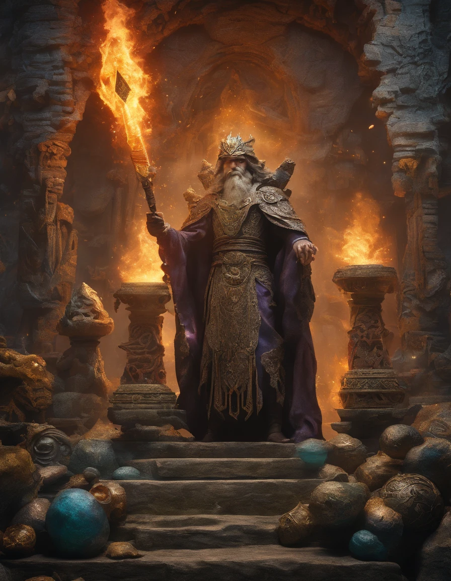 best quality,ultra-detailed,male mage casting multi colored spells,fighting monsters,weilding a magical powerful weapon,realistic lighting,sharp focus,vivid colors,mystical atmosphere,gritty fantasy style,fiery spells,ethereal glow,magical aura,detailed spell effects,majestic backdrop,haunting shadows,dynamic composition,highly detailed monsters,spellbinding action,heroic stance,ancient ruins,mystic symbols,foreboding clouds,dramatic lighting,epic battle scene,crackling energy,exquisite detailing,magical artifacts,dangerous creatures,enchanted forest,ethereal mist,masterpiece:1.2