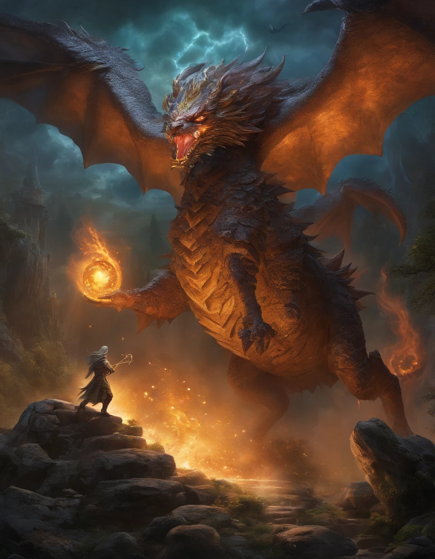 best quality,ultra-detailed,male mage casting multi colored spells,fighting monsters,weilding a magical powerful weapon,realistic lighting,sharp focus,vivid colors,mystical atmosphere,gritty fantasy style,fiery spells,ethereal glow,magical aura,detailed spell effects,majestic backdrop,haunting shadows,dynamic composition,highly detailed monsters,spellbinding action,heroic stance,ancient ruins,mystic symbols,foreboding clouds,dramatic lighting,epic battle scene,crackling energy,exquisite detailing,magical artifacts,dangerous creatures,enchanted forest,ethereal mist,masterpiece:1.2