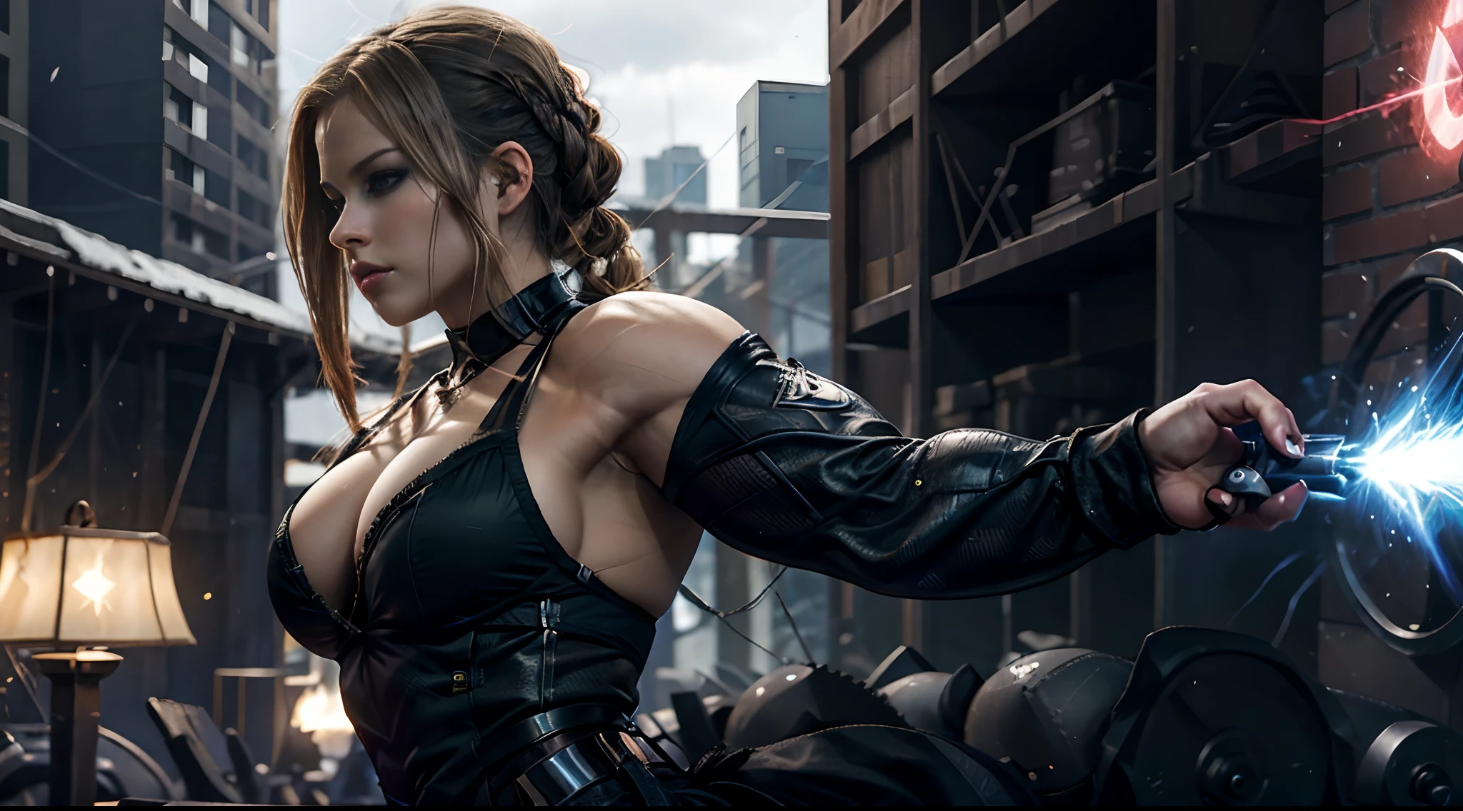 hyper realistic, masterpiece,  (1 girl), we see an building office where there's a battle and we see brunette bodybuilder superhero Avril Lavigne with electric powers, dressed like Xtreme Xmen Rogue, she is firing electricity at her enemies, really long black hair with a french style braid on top, perfect body, [engorged muscles], female, musclebound, enormous ripped muscles, cute young face, big j-cup breasts, big round thick glutes, tiny waist, 8pack abs, side view full body portrait, show calves, perfect body, (hyperrealistic portrait, big depth of field, colors, polycount), [fully dressed]