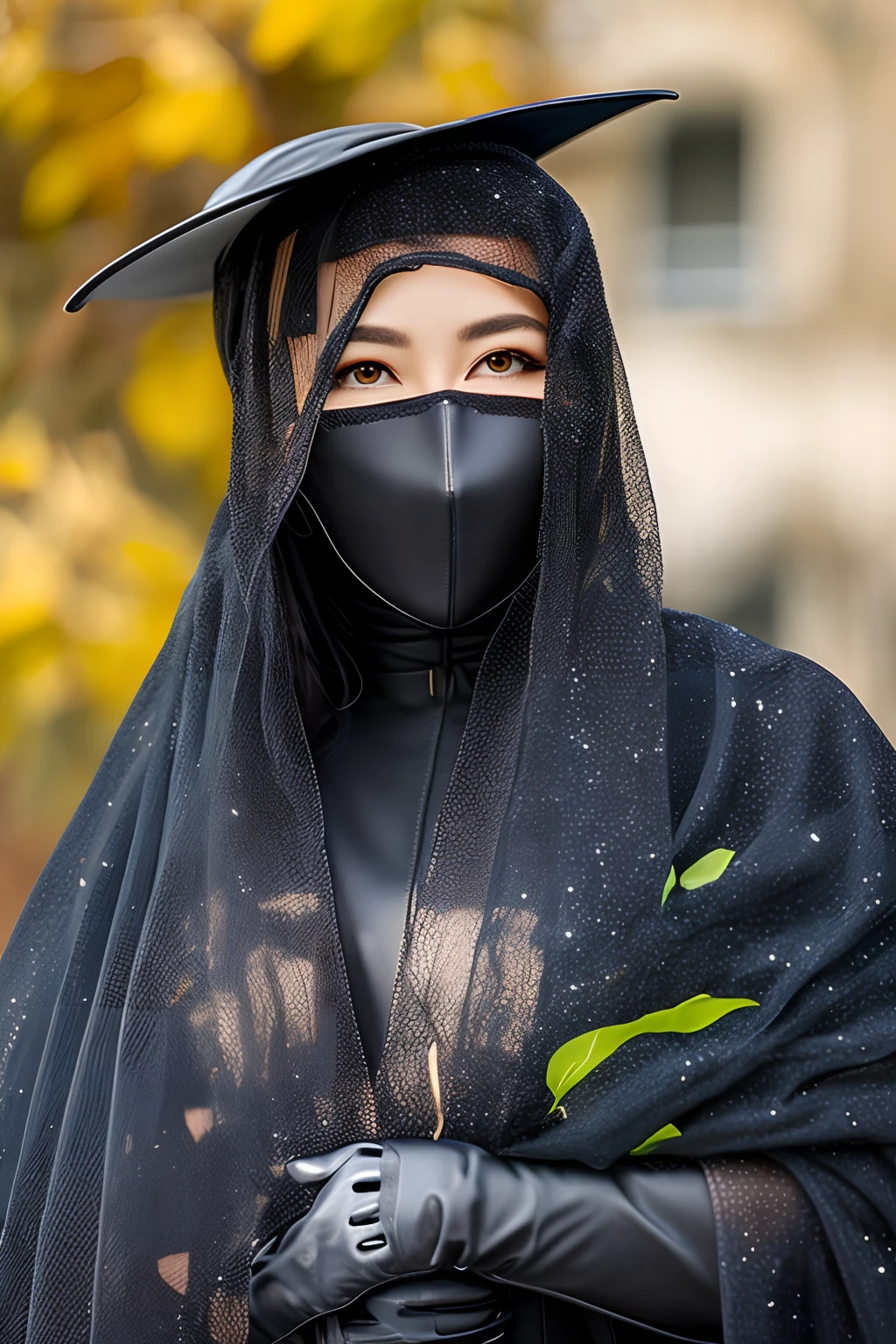 A woman with long black hair, covered with a thick black veil with her face hanging from a black hat, almost invisible, black suit, black leather gloves and black leather long boots