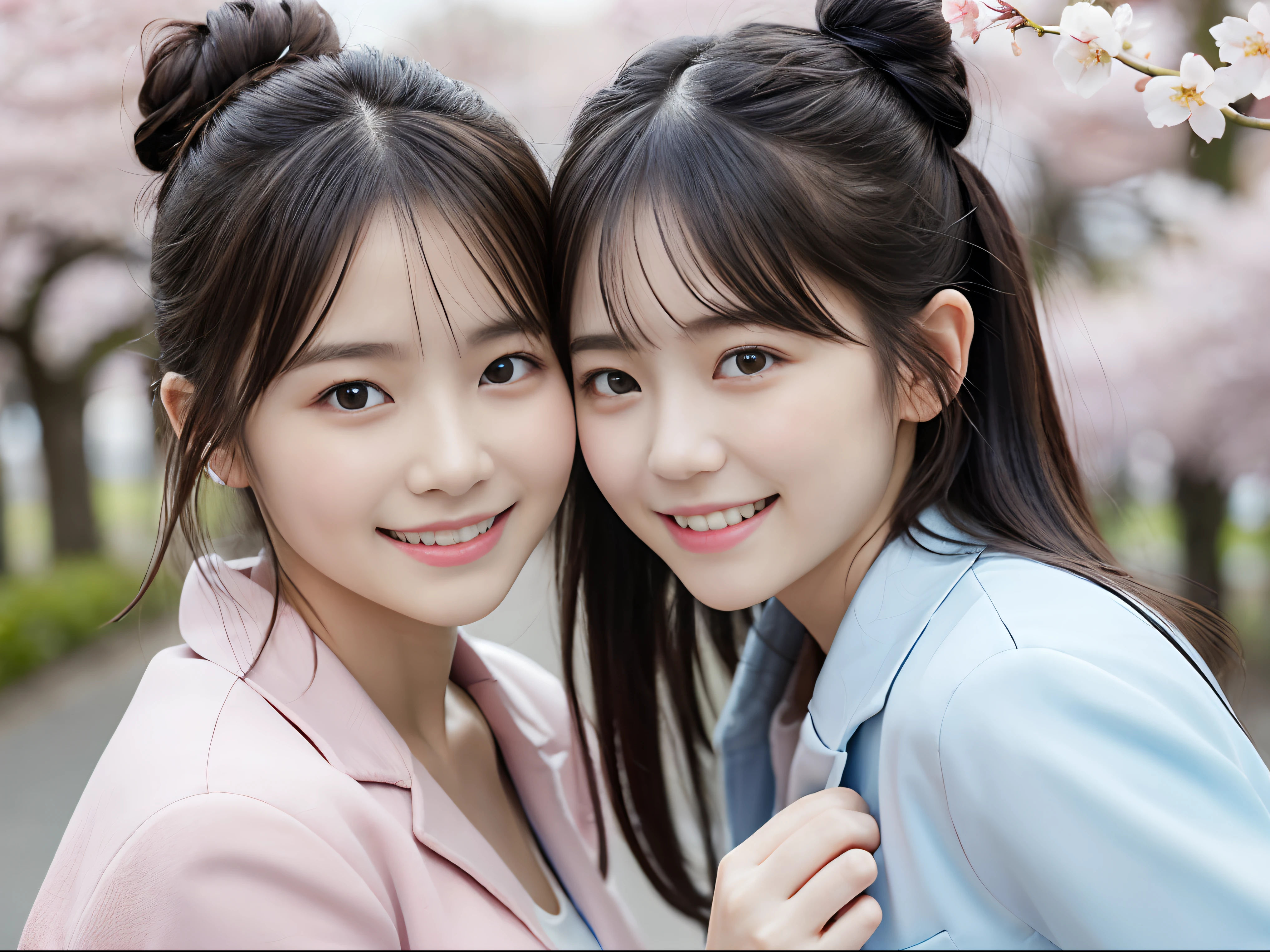 (Close-up portrait of two girls with slender small breasts and bun hair in pastel colored jacket and shirt:1.5)、(Two girls dancing with smiles、Let your hair flutter in the wind :1.5)、(Rows of cherry blossom trees in full bloom at dusk:1.5)、(Perfect Anatomy:1.3)、(No mask:1.3)、(complete fingers:1.3)、Photorealistic、Photography、masutepiece、top-quality、High resolution, delicate and pretty、face perfect、Beautiful detailed eyes、Fair skin、Real Human Skin、((thin legs))、(Dark hair)