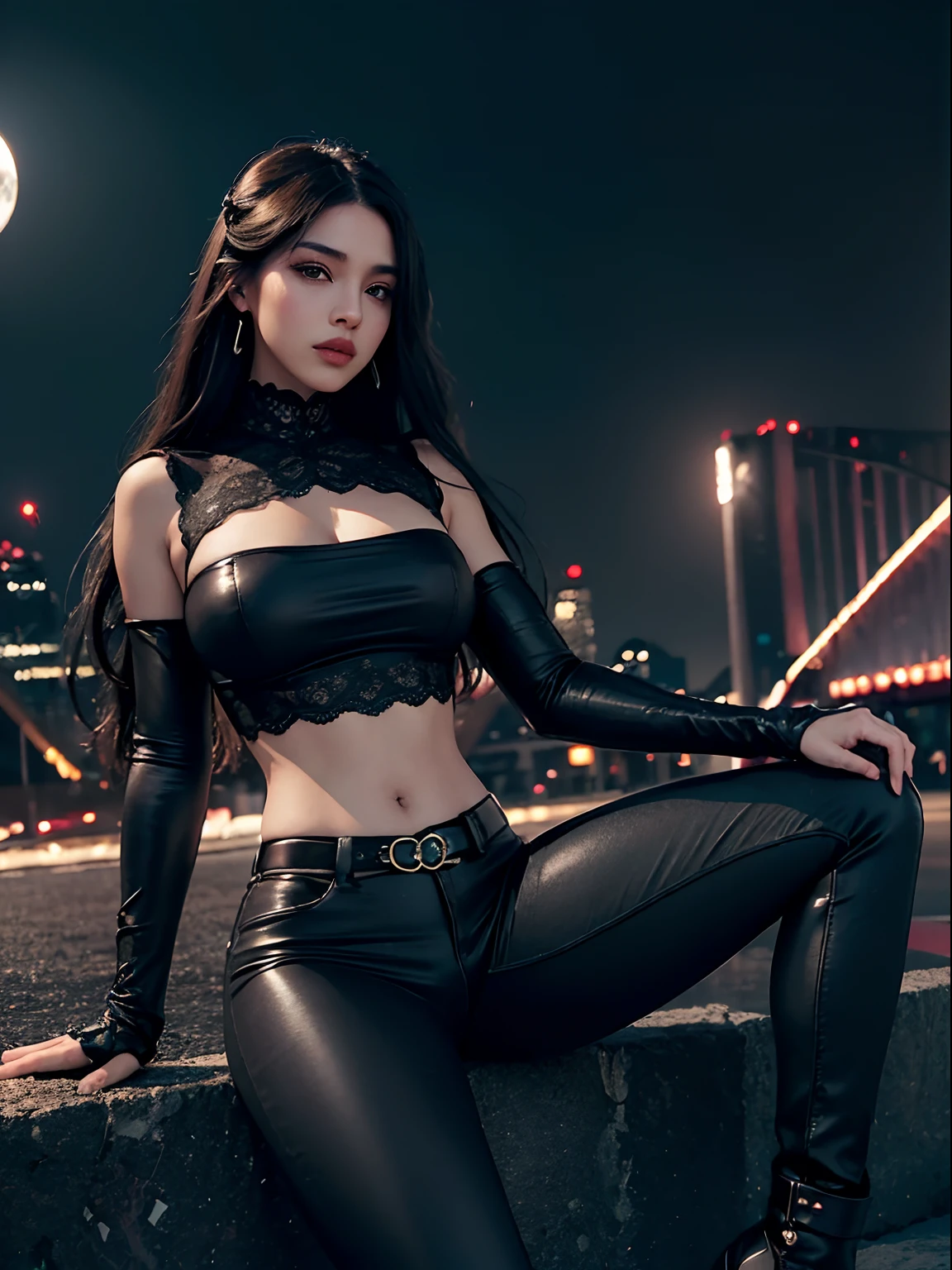 (Obra maestra, Calidad superior, La mejor calidad, Arte Oficial, beautiful and aesthetic:1.2), (1girl:1.3), (Arte fractal:1.3), solamente, Jade de kombat mortal, Videojuego Mortal Kombat, diadema negra, Cabello largo, senos grandes, escote profundo, Cara hermosa, Asian Lady, sujetador de encaje transparente, ((pantalones ajustados)), Guantes negros, black brown hair, botas largas de charol negras , Pendientes,  diafragma, ombligo, Entonado, Mirando al espectador, cuerpo completo, Postura seductora, Piernas separadas, (fondo ????? de la noche de la ciudad oscura:1.4), Bright neon lighting, cinematic lighting