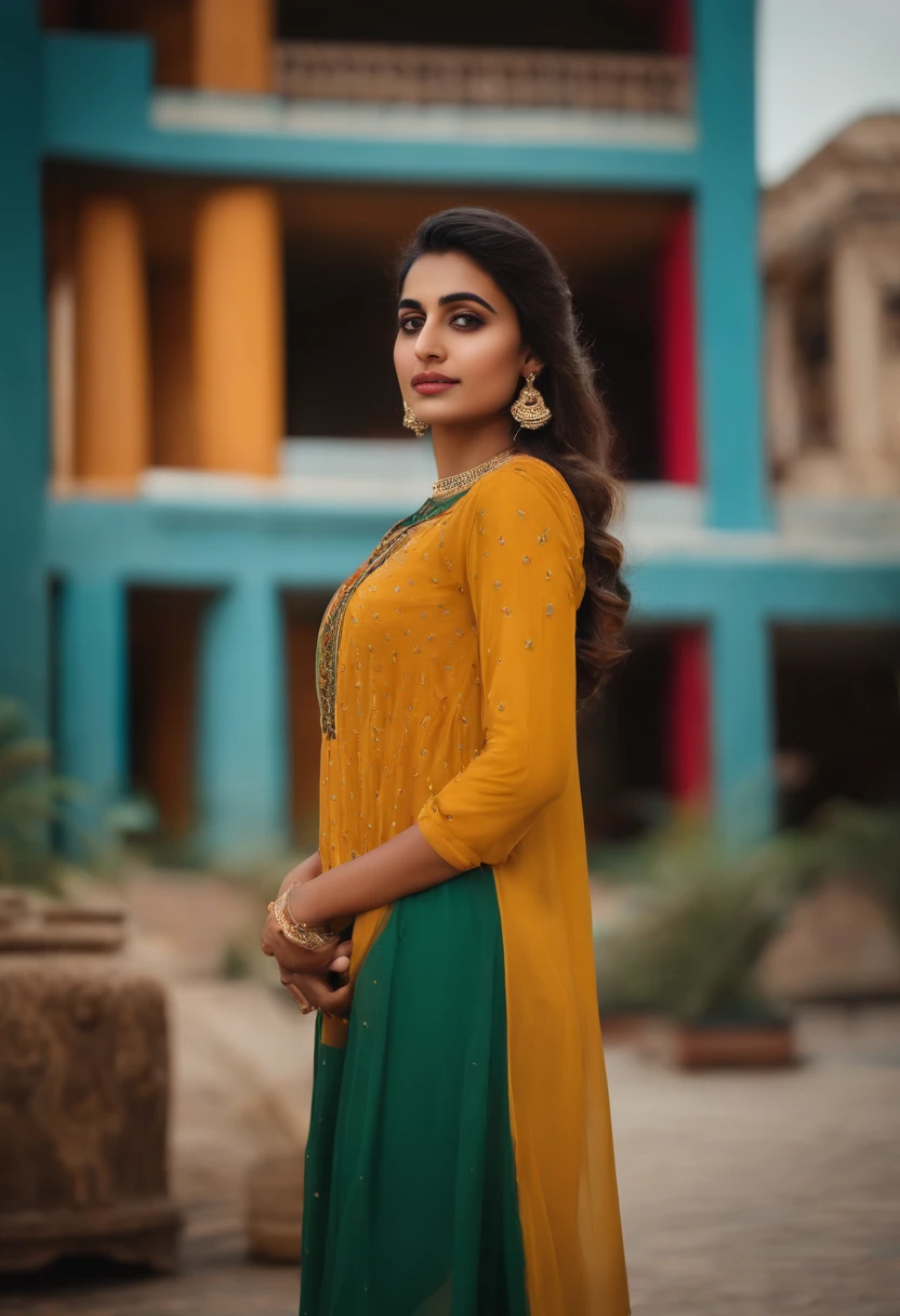 Pakistani modern girl wearing informal dress standing in front of a building