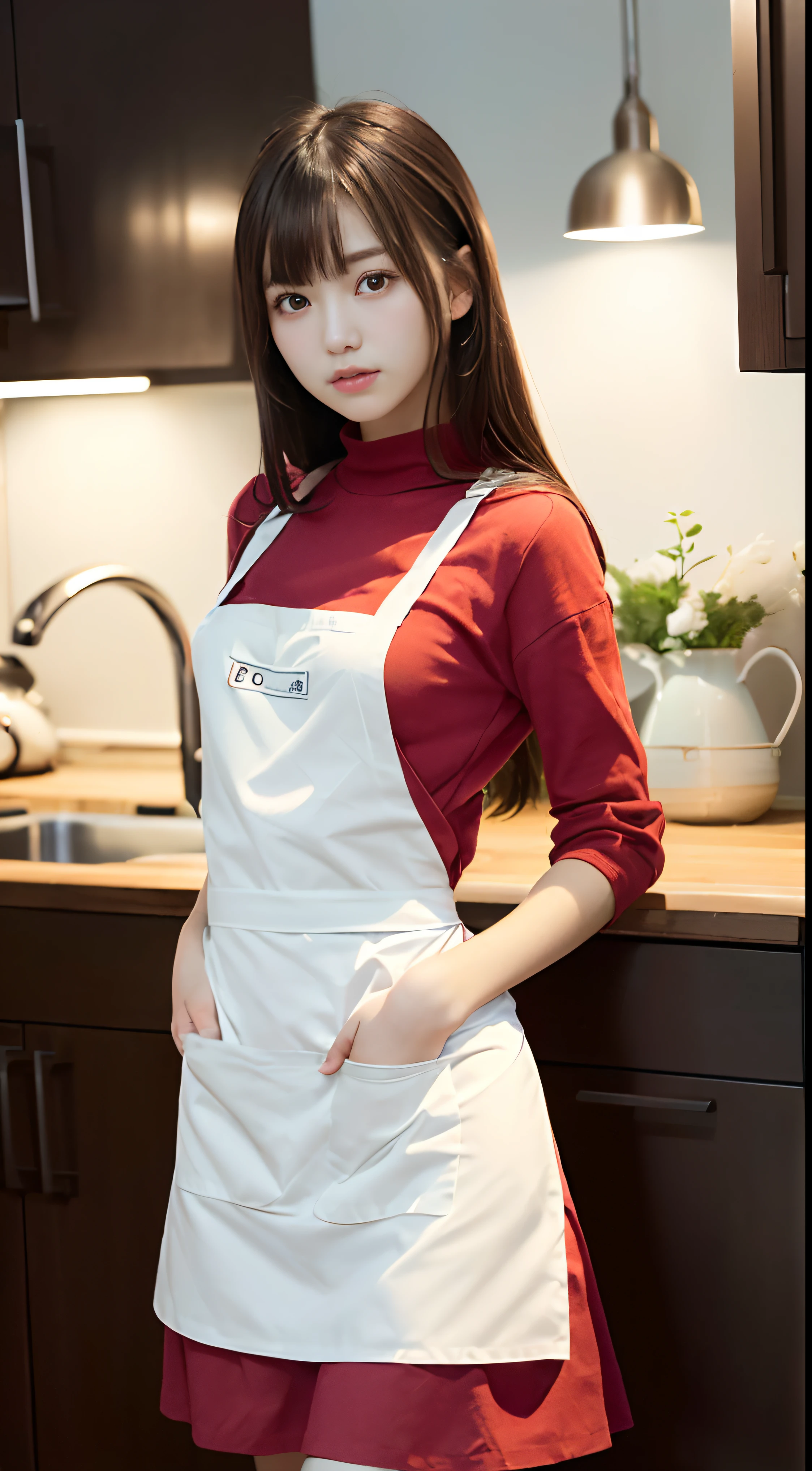 ((highest quality, 8k, masterpiece)), Super detailed, Sharp focus, 1 cute girl, ((Red Apron:1.4)), (Updo:1.4), (Simple collared shirt:1.4), Highly detailed face and skin texture, ((Fine grain)), ((Beautiful dark eyes:1.2)), (smile:1.15), (Mouth closed), (Cafe),((Sexy Panties:1.05))、((Spread your legs wide:1.45))、
