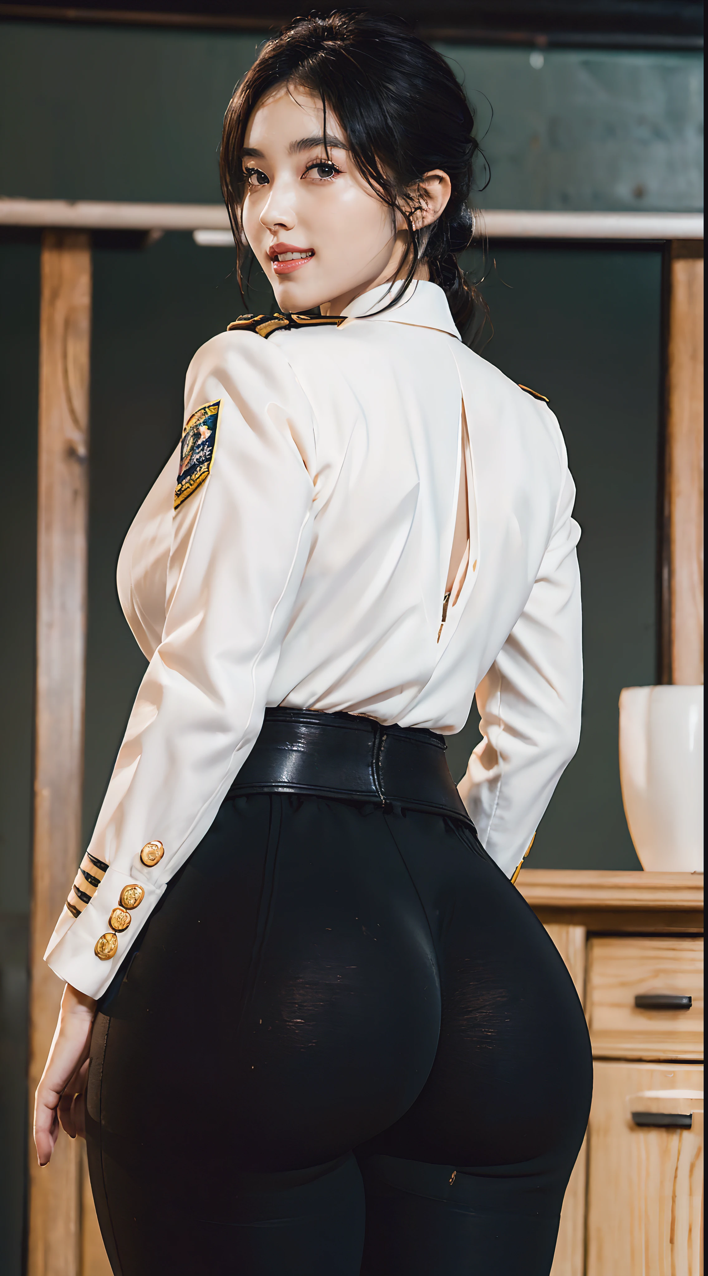 Usually detailed CG Unity 8K wallpaper，（tmasterpiece），（best qualtiy），（ultra - detailed），（Ultra photo realsisim），（best character detail：1.36），Nikon D750 f / 1.4 55mm，RAW photo，profesional lighting， physically-based renderingt, 1girll, Female soldier，(Black military uniform，(Black military uniform)，Fabric texture military uniform，Business suit)，(Underneath the coat is lined with a plain white shirt，The sweat-soaked white shirt fabric pressed against the chest，The buttons of the white shirt on the chest are fastened)，(red necktie)，((Black gym panties))，Bare legged，Plump legs，Black hair，(military hat，Big wavy hair，Do not tie your hair)，the golden ratio,[:(com rosto detalhado:1.2):0.2]:，PureErosFace_V1，thick bushy eyebrows，broad shoulder,(gigantic cleavage breasts:1.35),(gigantic ass:1.55),(Plump thighs:1.45),(stick out buttocks:1.5),(Wide crotch:1.55),(I looked up from below:1.55)，((Grasp the buttocks with both hands，Look from your hips，close-up shot from behind，(Peach buttocks:1.2)):1.4)，Close-up Shot Shot，((Squinted and smiled，A smile full of confidence，A bright smile，Laughing heartily，Have by the sea):1.35)，((Close-up of panties，Buttocks close up，facial closeups))，Sunset sky，Gentle sunshine，sunshine on face，RAW photogr，Blue sky，setting sun，light glow，White teeth，Look back，((curvy accentuated booty，azur lane style，lit from behind))，