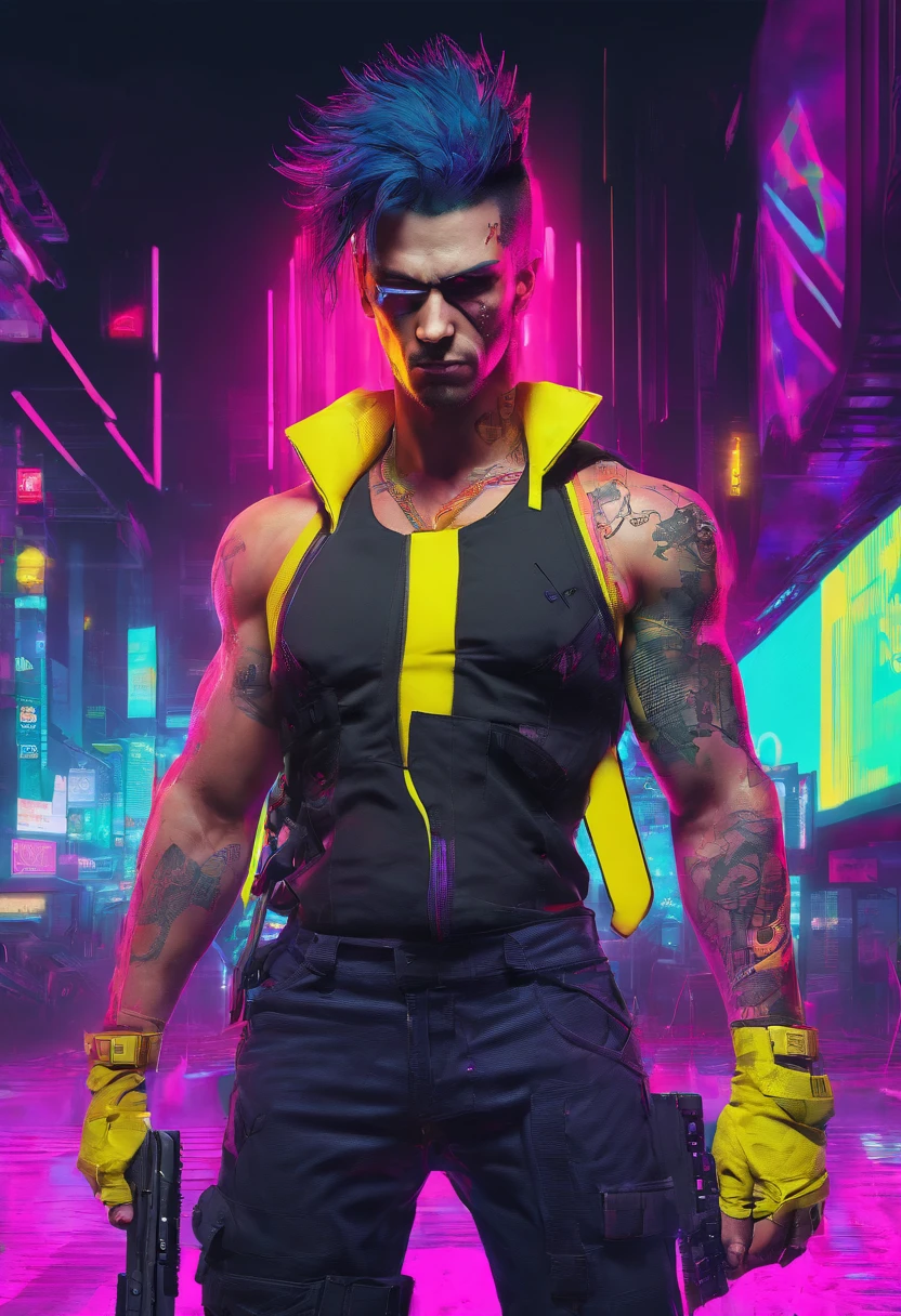 1 Muscular man, ((Cyberpunk 2077 inspired style)), Short hair, Black hair, Left eye scarred