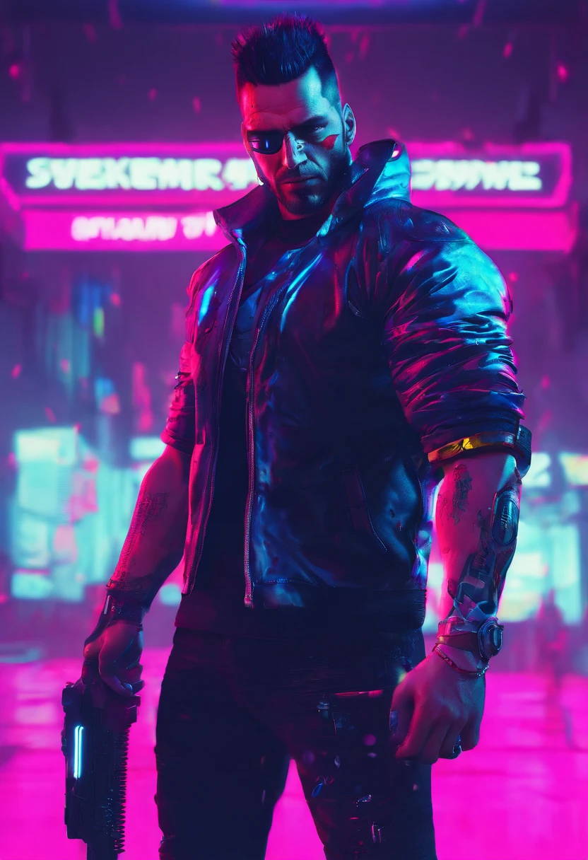 1 Muscular man, ((Cyberpunk 2077 inspired style)), Short hair, Black hair, Left eye scarred