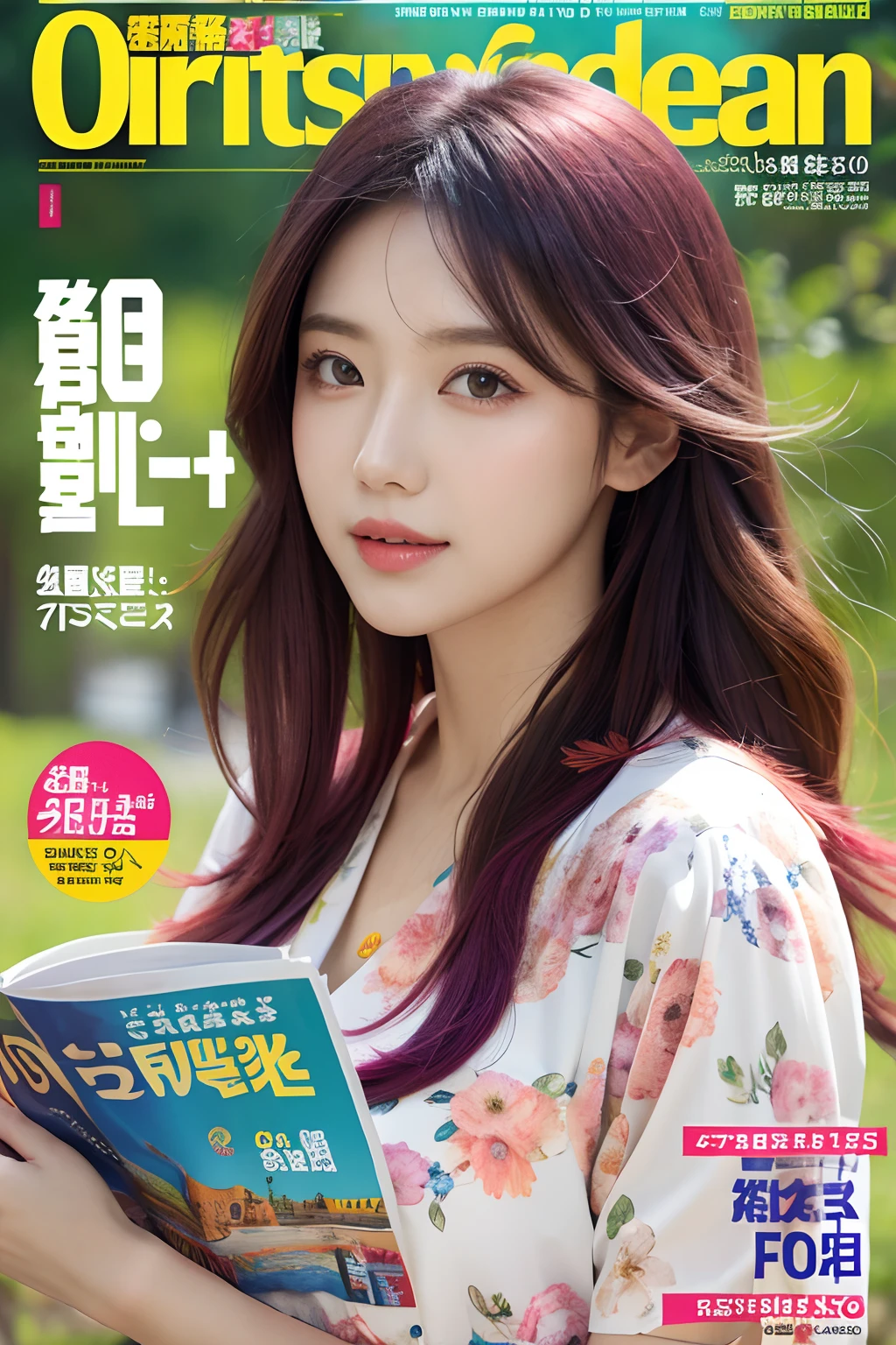 masterpiece, best quality, spring outfit, colorful hair, outdoor, magazine cover ,upper body,