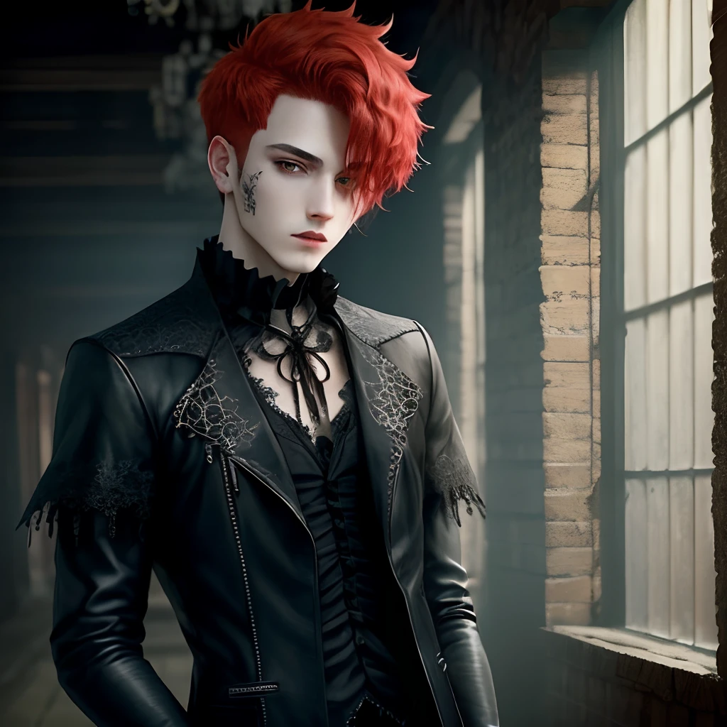 Short messy red hair, black eyes, gothic clothes, male