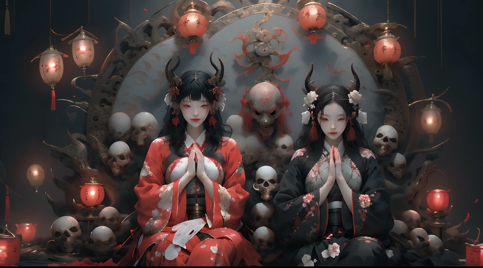 (Masterpiece:1.2), a pregirl,Best quality,Chinese style buildings,Yin Cao Di Mansion,Chinese horror,onimous,Pisif,Chinese horror,Lanterns,skelleton,Ghosts,Black hair, period costume, Hanfu,1girll, hair adornments, Horns, Sitting, flower, period costume,Red eyes, hair flower, Earrings, long whitr hair, haori, jewelry, Own hands together, nipple tassels, Wide sleeves, Red eyes, Closed mouth, Long sleeves, Hanfu, Black period costume,bangs, Smile
