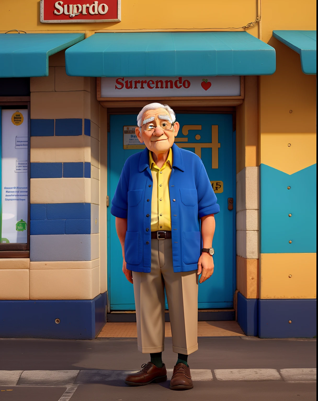 A wise old man standing in front, em frente a um super mercado azul e amarelo.
