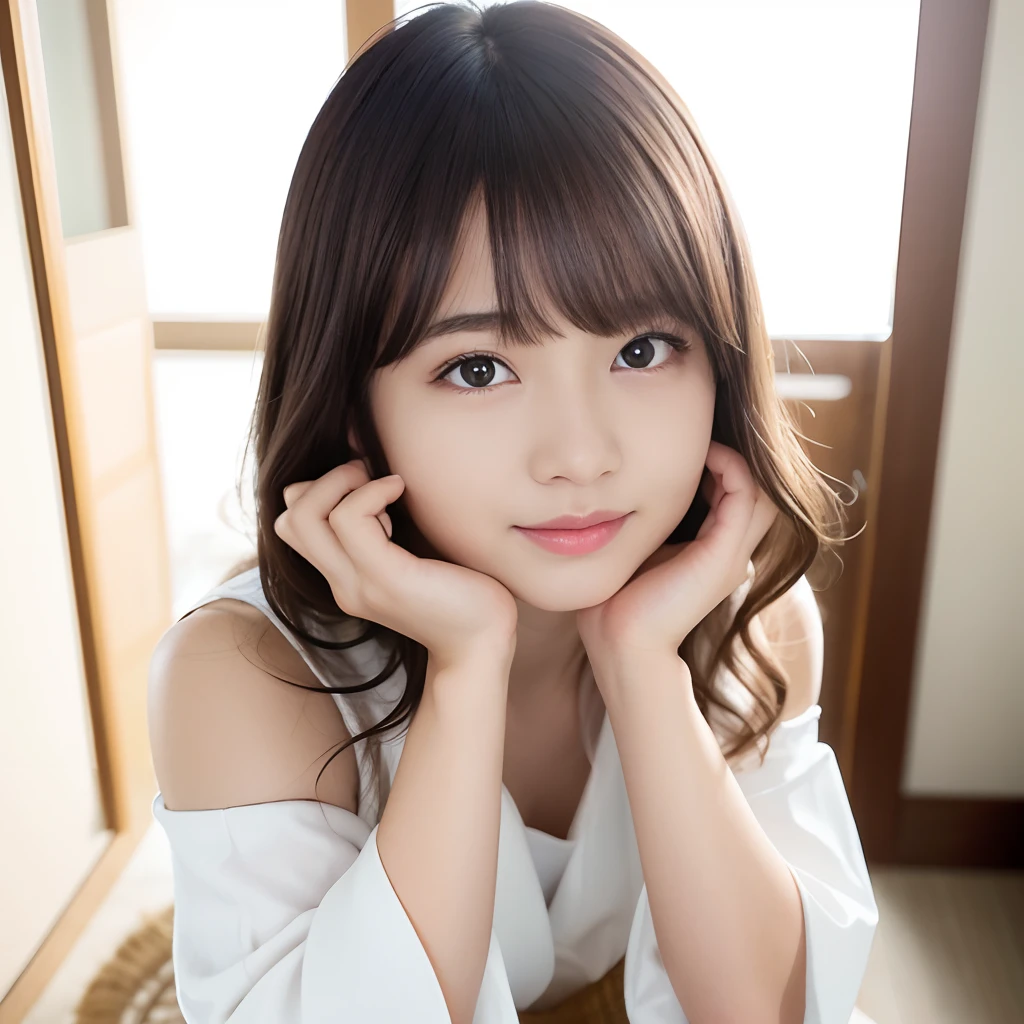 (highest quality,8K,masterpiece:1.3,),(ultra high resolution,photorealistic:1.4,RAW photo),(Super detailed,caustics),on the bed,(Hang the futon),18-year-old,cute,black short hair,Smiling and looking at the camera,Stand Light,warm light,head shot,(High Position),(high angle)