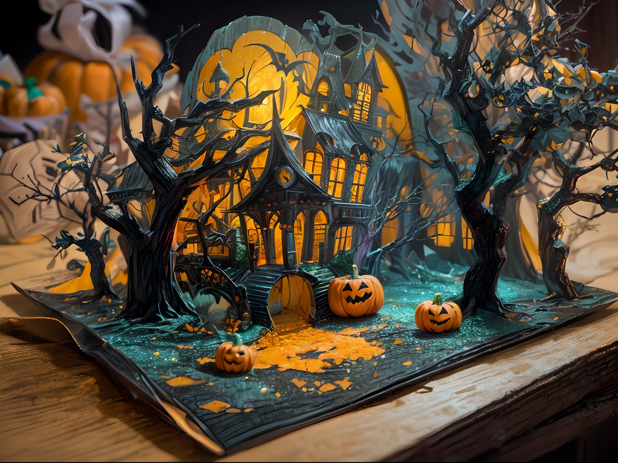 (popup book:1.5),(glittery,Fantasy Halloween scenery,Halloween in Van Gogh style,Delicious dessert,Lovely wizard,Pumpkin monsters,Mummy,super heroes, and other Halloween decorations),(。.3D, Extremely colorful, Best quality, Detailed details, Masterpiece, offcial art, movie light effect, 4K, Chiaroscuro)