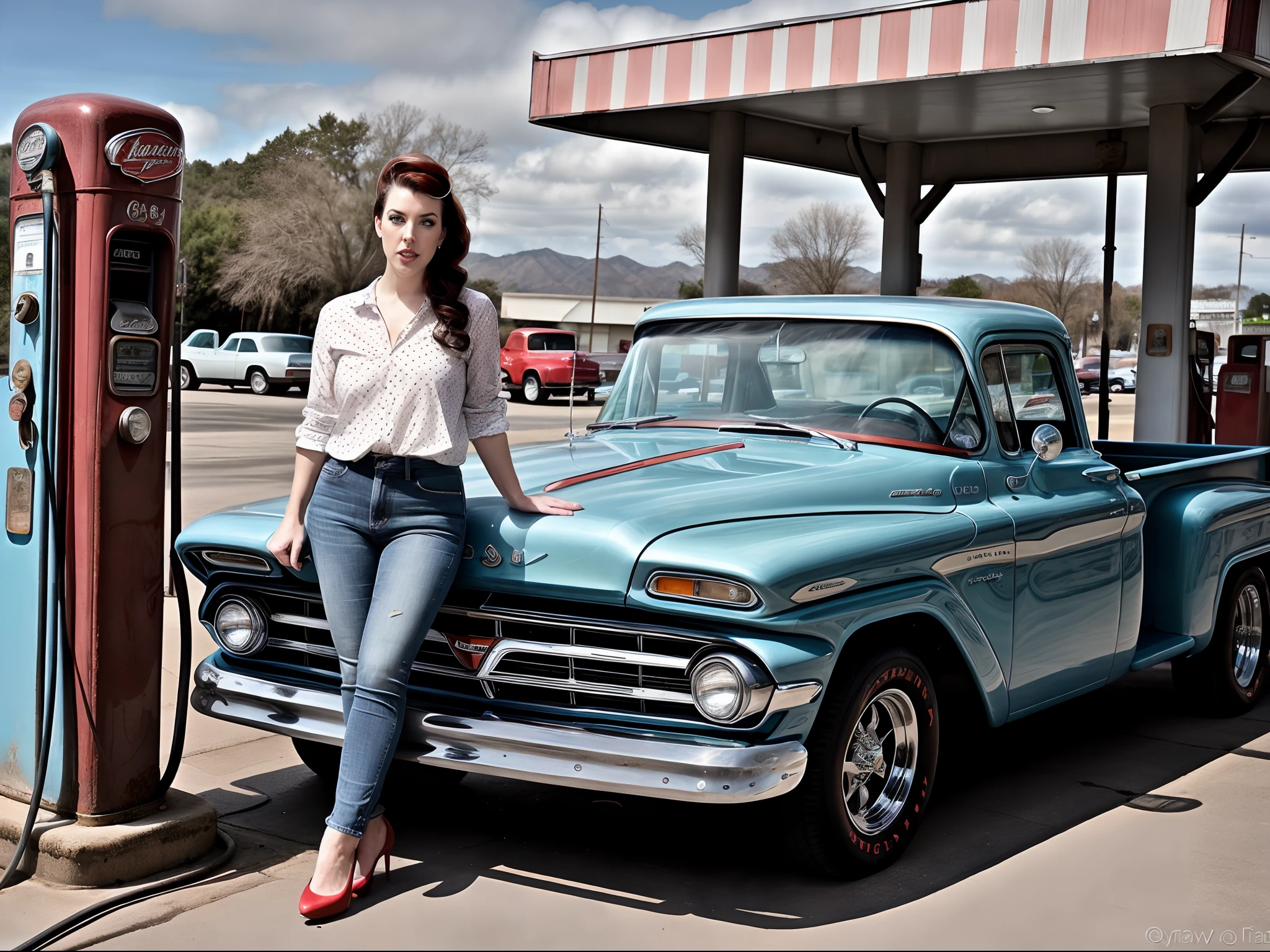 Ultra realistic photo of Angela White ((01 character)) (25 years old) ((full body)) ((full shot)) | rockabilly outfit (jeans with folded legs, blouse with polka dot prints, red heels, red tiara) ((rockabilly style hair, piercing blue eyes, skin texture, enigmatic countenance, slender body, divine proportion) ) | at a 50s style gas station ((old gas pump)), filling up a 1960 Dodge truck || light blue || natural light, cool colors, soft shadows, vivid colors, saturated tones, Maximum Sharpness ((..RAW))