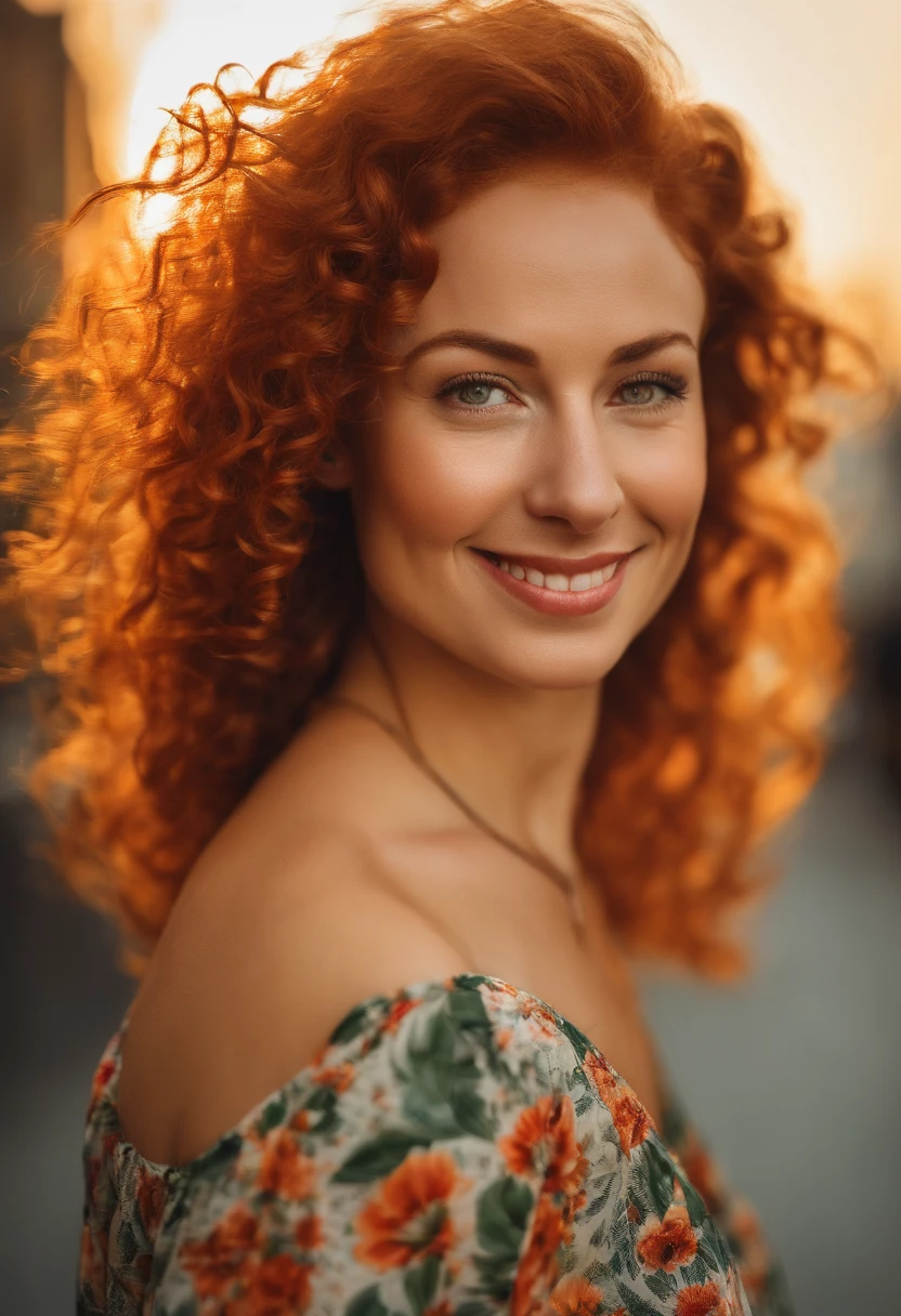 masterpiece portrait of a woman in Montreal at dawn, long hair, cute orange curly hair, smile, green eyes, freckles, floral print, dress, dawn, neon, rays of light, caustic, lens reflection, ((solo)), ishmael_limbus
woman . very beautiful, over 40, curly red hair, portrait, very clear face