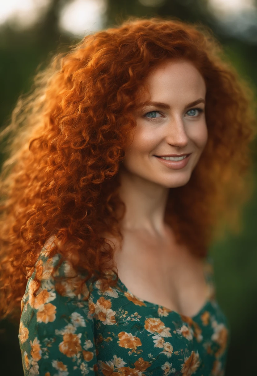 masterpiece portrait of a woman in Montreal at dawn, long hair, cute orange curly hair, smile, green eyes, freckles, floral print, dress, dawn, neon, rays of light, caustic, lens reflection, ((solo)), ishmael_limbus
woman . very beautiful, over 40, curly red hair, portrait, very clear face