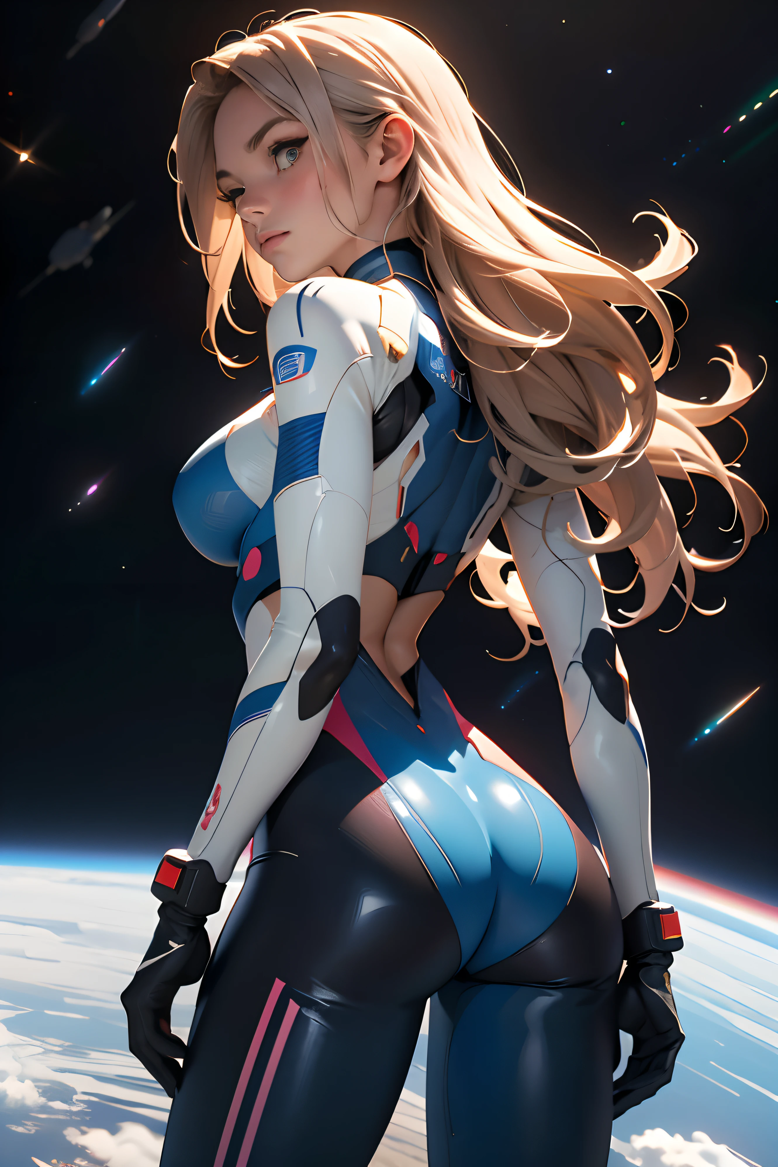 rear view, backside view, turning away, sandy hair, eyes are blue, fit body large breasts slender thighs slender waist pilot suit solo looking away from viewer, in space, long hair, blushing, determination, 8k, extreme detail,