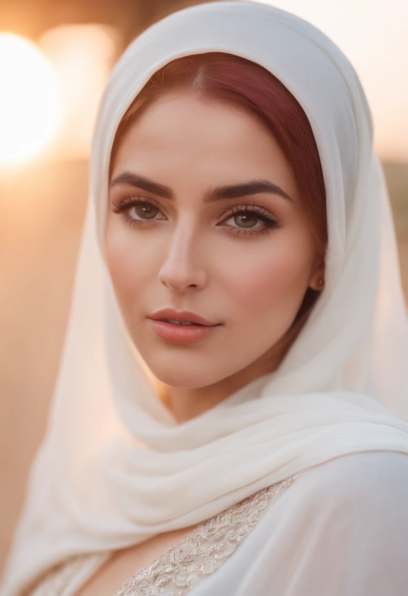 8k, RAW photo, best quality, masterpiece:1.2),(realistic, photo-realistic:1.37),sunset,soft light,"photo of a Beauty Arabic women with Huge boob,hijab, extremely beautiful face,bust,Random hairstyle,red hair color,Naughty expression,pigsney, adult content,nsfw,cleavage