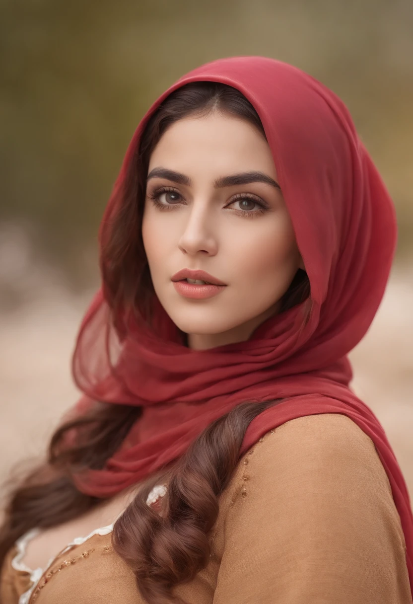 8k, RAW photo, best quality, masterpiece:1.2),(realistic, photo-realistic:1.37),sunset,soft light,"photo of a Beauty Arabic women with Huge boob,hijab, extremely beautiful face,bust,Random hairstyle,red hair color,Naughty expression,pigsney, adult content,nsfw,cleavage