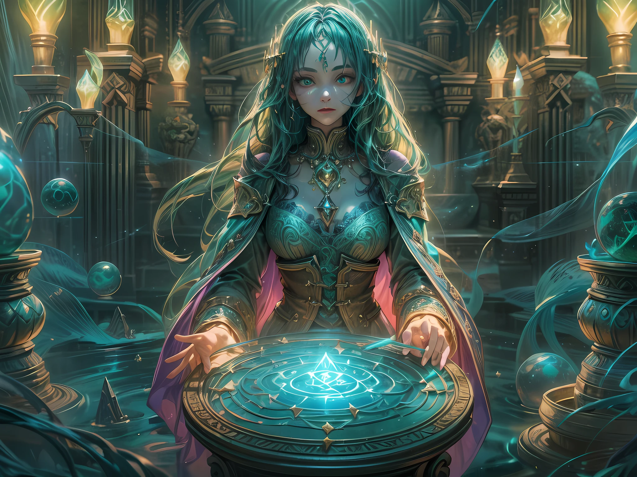 high details, best quality, 8k, [ultra detailed], masterpiece, best quality, (extremely detailed), full body, ultra wide shot, photorealistic, fantasy art, dnd art, rpg art, realistic art, an ultra wide picture of a female human (1.5 intricate details, Masterpiece, best quality) godess of water  ((watery radiant aura)), controlling a swirling streams of watery magic (1.5 intricate details, Masterpiece, best quality), manipulating purple radiant magical symbols, [[divine symbols]] (1.5 intricate details, Masterpiece, best quality), human female, blue  hair, long hair with aura, hair with green radiant eyes, intense eyes, holding a staff, ((radiant eyes)), (( green glowing eyes)), dynamic clothing, magical library, with many books, and magical runes and wards, glowing arcane sigils GlowingRunes_paleblue, crystal ball (best details, Masterpiece, best quality) on table, runes on crystal balls GlowingRunes_yellow, fantasy magical library background (best details, Masterpiece, best quality), Ultra-Wide Angle, high detail, award winning, best quality, HD, 16K, 3D rendering, high details, best quality, highres, ultra wide angle, 3D rendering, [[anatomically correct]]