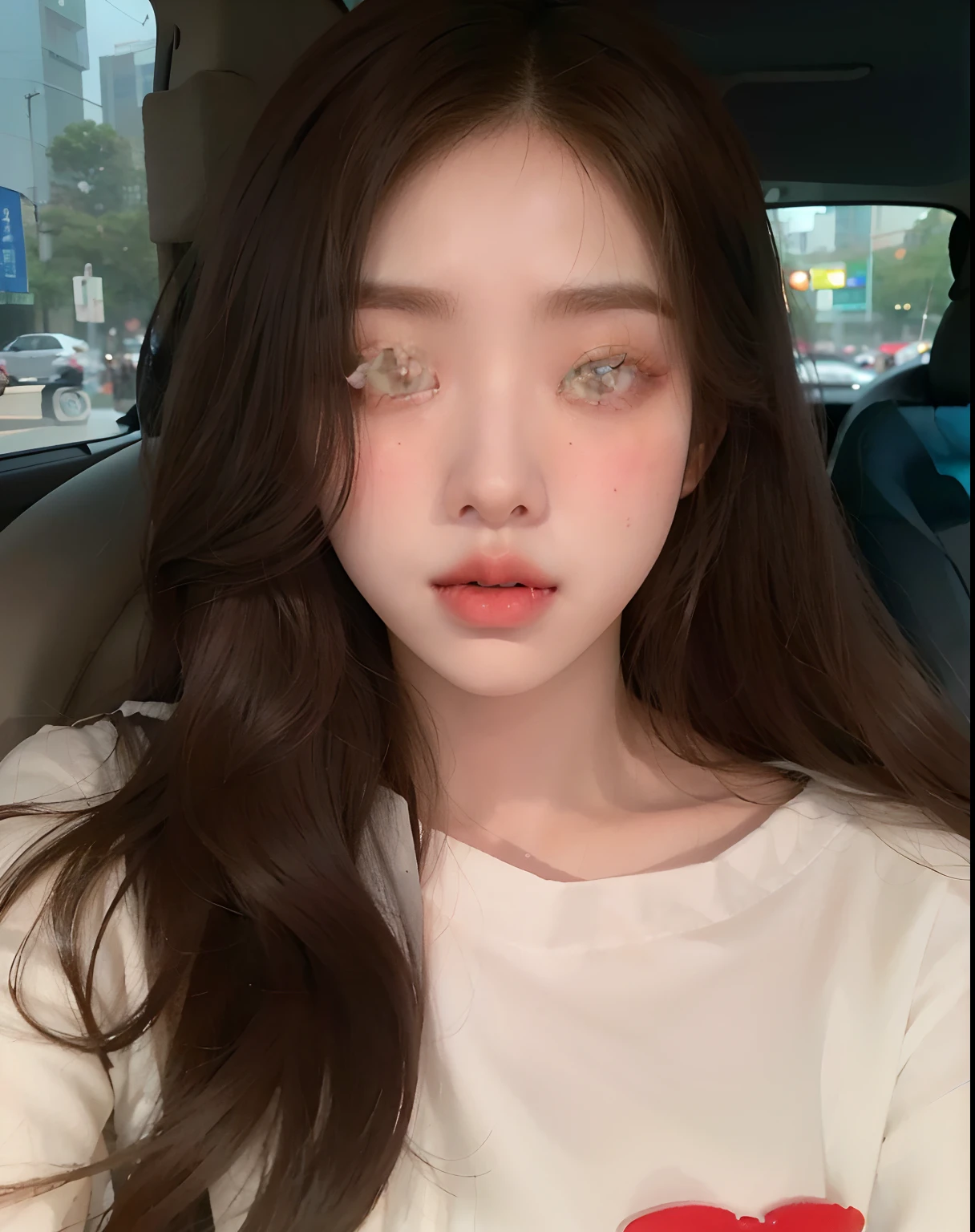 Arafed Woman with long brown hair sitting in a car, Hermosa joven coreana, pale milky white porcelain skin, pale round face, Joven y adorable rostro coreano, Korean symmetrical face, Hermosa mujer surcoreana, Hermosa joven coreana, Labios claros y de alta calidad, Cara delicada y encantadora, Rasgos de la cara coreana, ulzzang, con labios muy finos, Cara suave y redonda