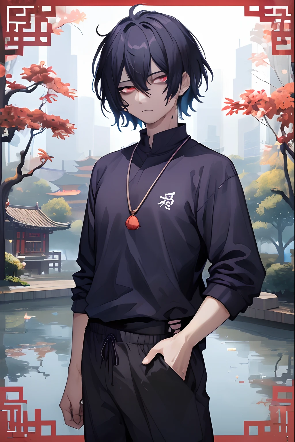 Man, 20 anos, corte de cabelo bob, cabelos azuis, messy hair, olhos vermelhos, Dark circle under the eyes, detailed eyes, 4k, Jujutsu Kaisen Artsyle, Colar Ying Yang, camisa roxa, azul, sweatpants, Preto grande, em um jardim, 4k, Lago ao fundo, Chinese trees