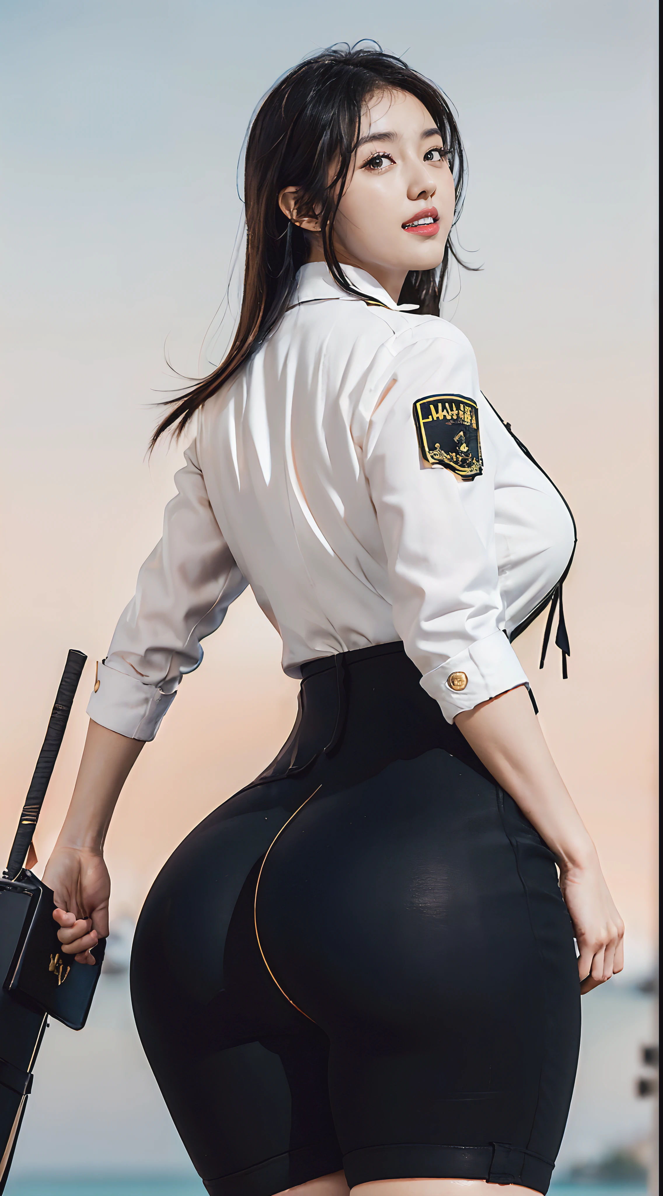 Usually detailed CG Unity 8K wallpaper，（tmasterpiece），（best qualtiy），（ultra - detailed），（Ultra photo realsisim），（best character detail：1.36），Nikon D750 f / 1.4 55mm，RAW photo，profesional lighting， physically-based renderingt, 1girll, Female soldier，(Black military uniform，(Black military uniform)，Fabric texture military uniform，Business suit)，(Underneath the coat is lined with a plain white shirt，The sweat-soaked white shirt fabric pressed against the chest，The buttons of the white shirt on the chest are fastened)，(red necktie)，((Black gym panties))，Bare legged，Plump legs，Black hair，(military hat，Big wavy hair，Do not tie your hair)，the golden ratio,[:(com rosto detalhado:1.2):0.2]:，PureErosFace_V1，thick bushy eyebrows，broad shoulder,(gigantic cleavage breasts:1.35),(gigantic ass:1.55),(Plump thighs:1.45),(stick out buttocks:1.5),(Wide crotch:1.55),(I looked up from below:1.55)，((Grasp the buttocks with both hands，Look from your hips，close-up shot from behind，(Peach buttocks:1.2)):1.4)，Close-up Shot Shot，((Squinted and smiled，A smile full of confidence，A bright smile，Laughing heartily，Have by the sea):1.35)，((Close-up of panties，Buttocks close up，facial closeups))，Sunset sky，Gentle sunshine，sunshine on face，RAW photogr，Blue sky，setting sun，light glow，White teeth，Look back，((curvy accentuated booty，azur lane style，lit from behind))，
