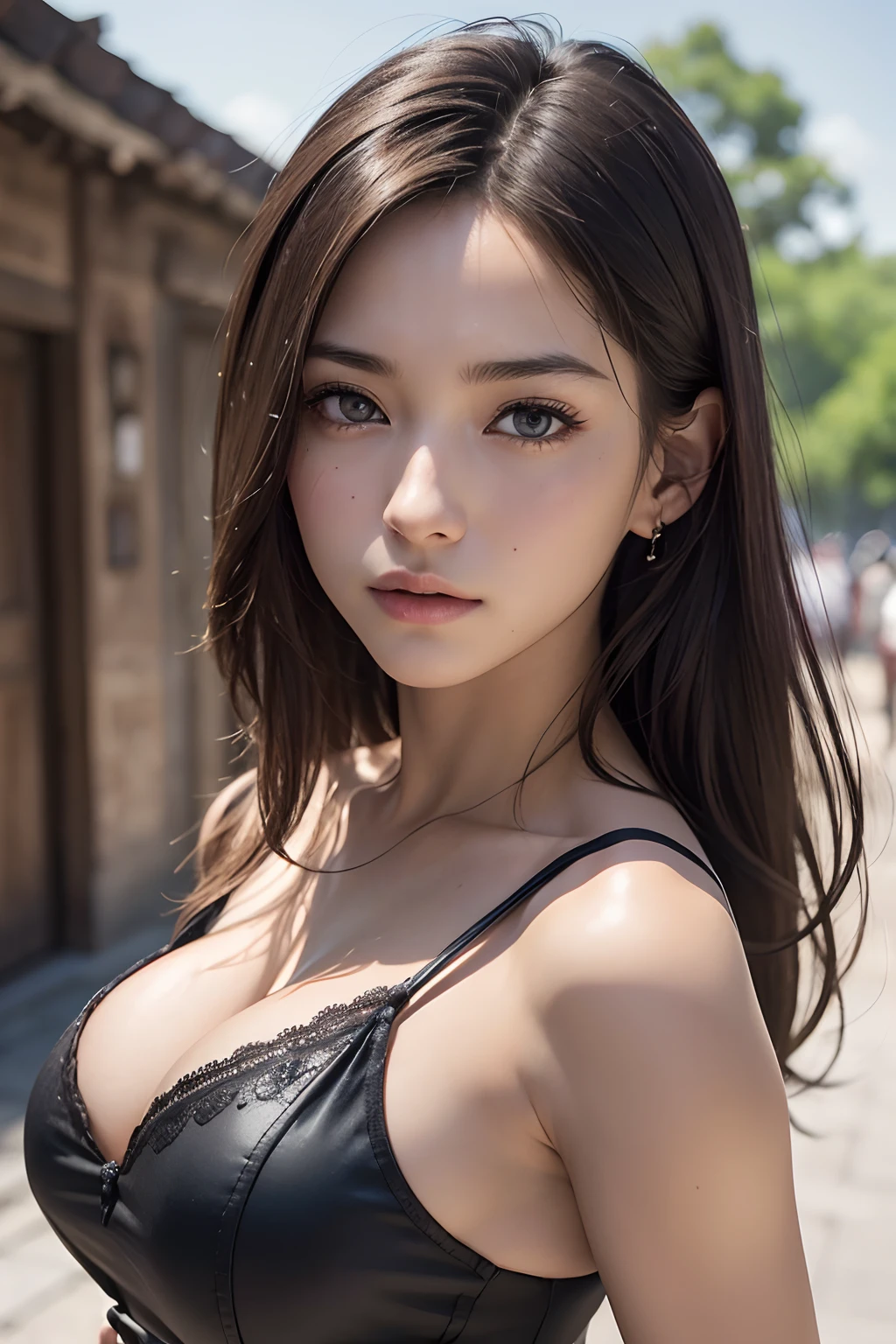 (masutepiece, Best Quality, Photorealistic, hight resolution, Photography, :1.3), Very close-up shot, Sharp Focus, 1 brunette girl, European Girl, hotmodel, Midriff, Highly detailed eyes and pupils, Realistic skin, Slim body shape, cleavage, very detail hair, Delicate sexy face, Organoleptic gas, shiny lips, ((Wearing a dress)), ,The background is a town, ((Realistic, Super realistic, Realism, realistic detail))