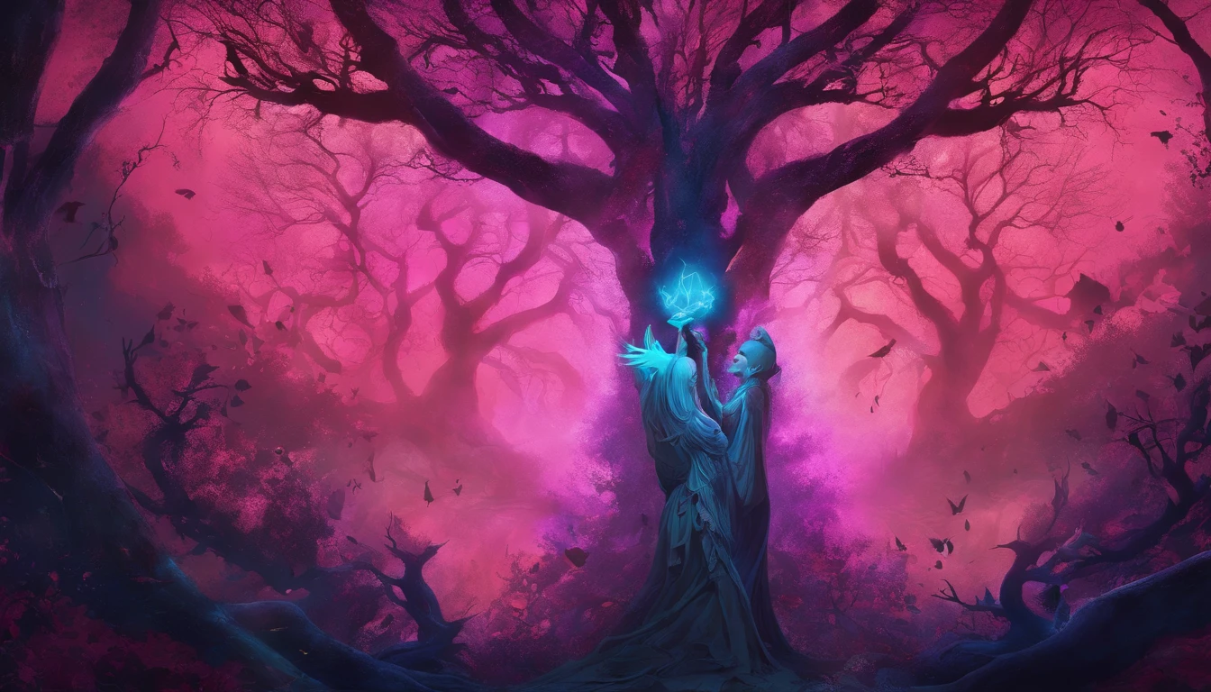 (a blue-haired demon woman,spells:1.1,glowing:1.1)(illustration)(best quality,ultra-detailed,realistic:1.37),demonic witch(demonic:1.1)(magic:1.1)(forest)(dark and mysterious,ominous atmosphere),casting powerful spells,creating magical energy(magic:1.1),vibrant pink hair(swirling pink hair)(flowing pink hair),horns(devil horns:1.1),piercing red eyes,enchanted scepter(magical scepter),elaborate dark robe,glowing magical sigils,fiery embers swirling(magical embers:1.1)(glowing embers),magical aura(glowing aura),eerie shadows,otherworldly presence(presence),sinister smile,nightfall in the background(dark night:1.1)(moonlit forest),lush and dense foliage(twisted trees)(mystical plants:1.1),mystical particles(swirling particles)(floating particles),ethereal glow(ethereal:1.1)(soft glow),faint moonlight breaking through the trees,haunting and captivating(scary atmosphere),bewitching beauty,wide range of colors(vivid colors)(contrasting colors),mystical realm,impressive details,dynamic composition,mesmerizing artwork,photorealistic style(picasso style),impressive shading and lighting,explosive energy,magical atmosphere(fantasy atmosphere),dreamlike scene