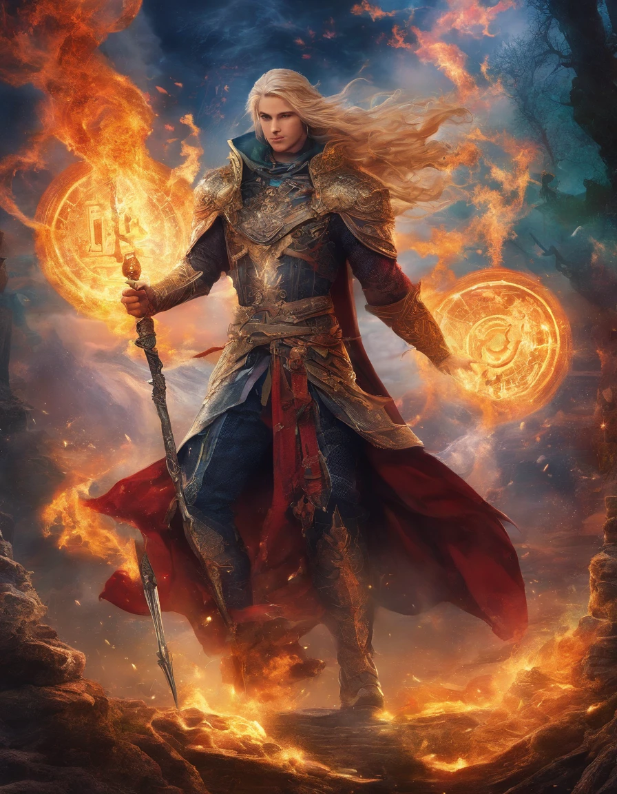 best quality,ultra-detailed,male mage casting multi colored spells,fighting monsters,weilding a magical powerful weapon,realistic lighting,sharp focus,vivid colors,mystical atmosphere,gritty fantasy style,fiery spells,ethereal glow,magical aura,detailed spell effects,majestic backdrop,haunting shadows,dynamic composition,highly detailed monsters,spellbinding action,heroic stance,ancient ruins,mystic symbols,foreboding clouds,dramatic lighting,epic battle scene,crackling energy,exquisite detailing,magical artifacts,dangerous creatures,enchanted forest,ethereal mist,masterpiece:1.2
