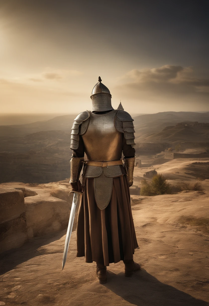 (holy grail:1.1),crusader alone in Jerusalem,long sword,warrior,medieval armor,cathedral,pilgrimage,sacred quest,decisive battle,ancient city,ancient ruins,cobblestone streets,sunlit alleys,flaming torches,sense of mystery,divine light,faith,valor,sacred journey,historical adventure,heroic deeds,epic battles,fierce determination,sacred artifacts,shimmering armor,victory and defeat,glorious triumph,castle walls,devotion,destiny,epic quest,reverence,hallowed ground,ancient wisdom,unwavering devotion,sunrise over the horizon,ethereal atmosphere,heavenly splendor,otherworldly presence,majestic beauty.
